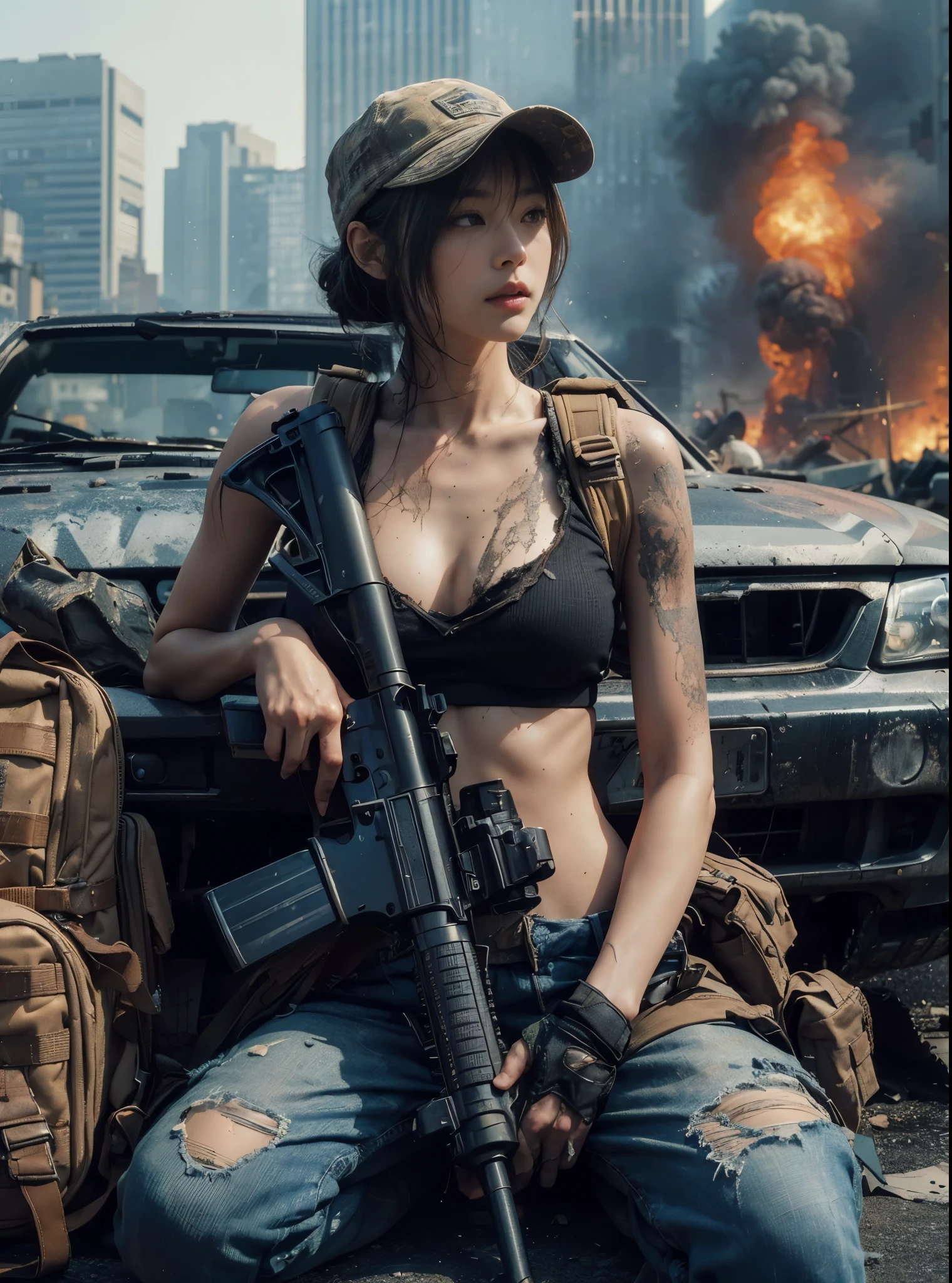 (best quality,8k,highres,masterpiece:1.2), (realistic,photo-realistic:1.37) realistic skin texture, beautiful Japanese woman belonging to the U.S. military, sitting next to a broken car, wearing a bulletproof vest, holding an assault rifle, carrying a backpack, wearing a baseball cap, dirty, a city in ruins, fire in the distance.