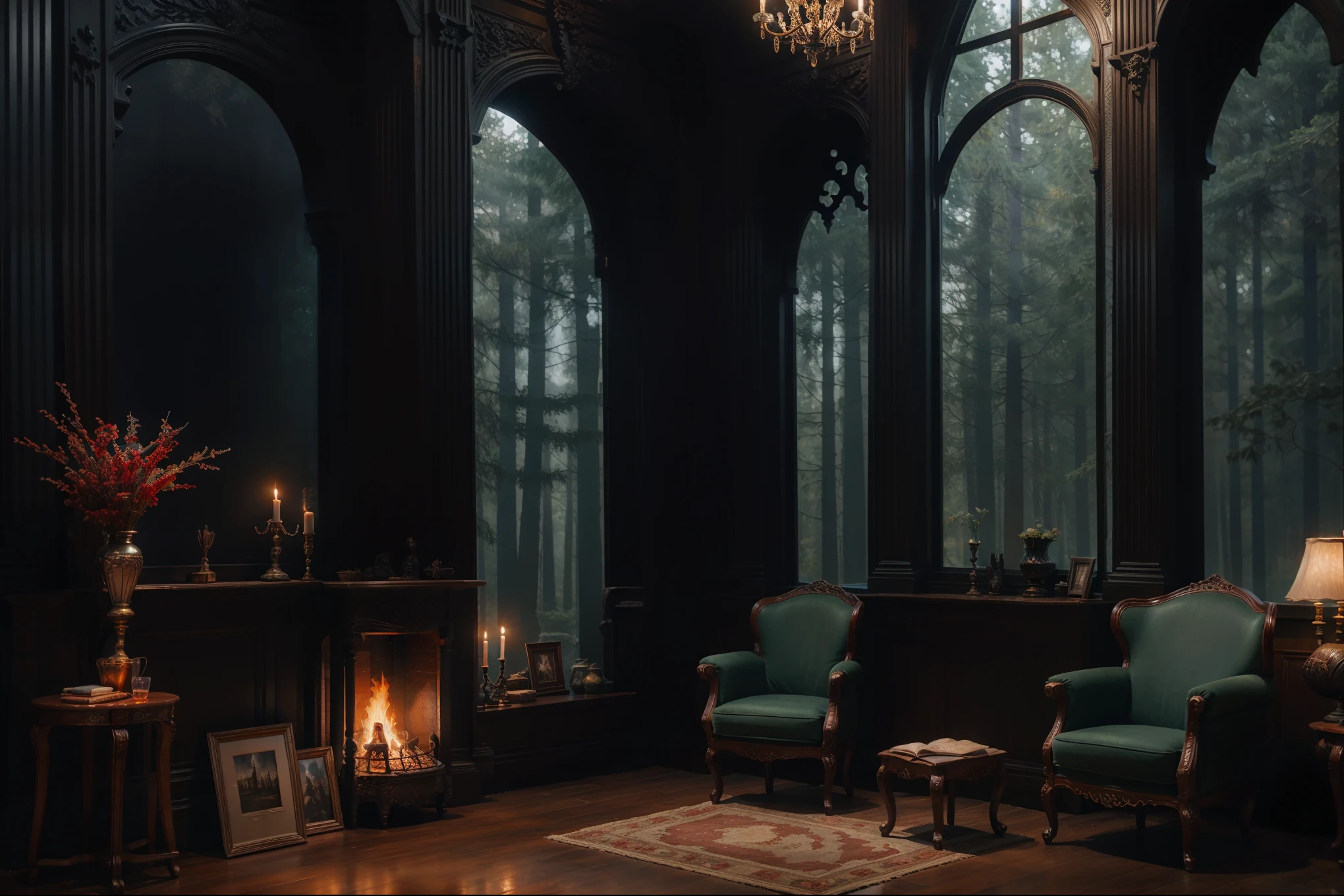 dark night、Western style living room deep in a dark and mysterious forest、relax、 interior architecture, gothic art, Verism, One person&#39;s point of view, outside, canon, Super Detail, high quality, A high resolution, 8 k, Best quality