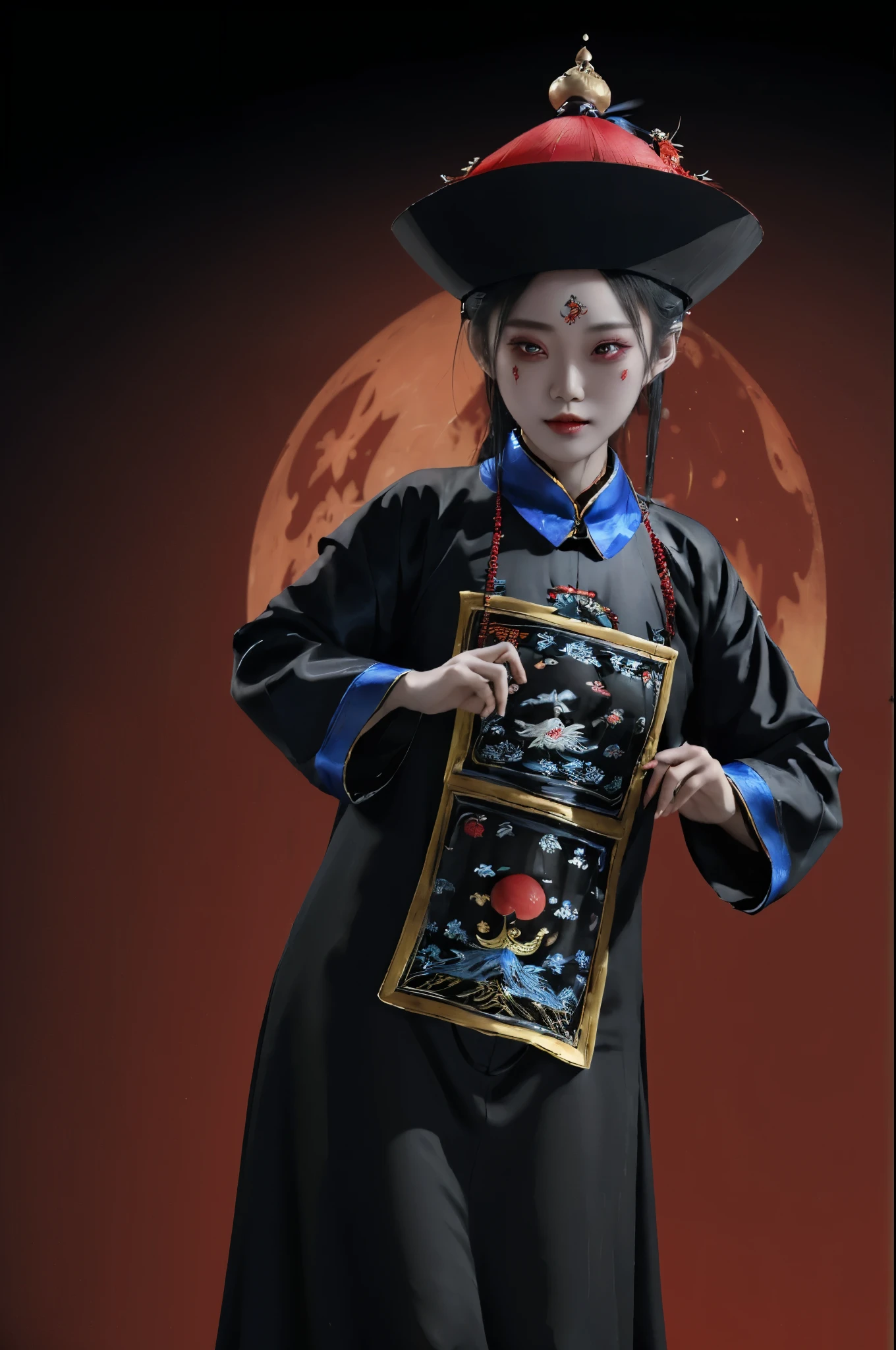 ((masterpiece)),((best quality)),8k,high detailed,ultra-detailed,intricate detail,Illustration,fantasy,surrealism,((1girl:1.2)),Solo,portraying a Chinese-style jiangshi girl,((jiangshigirl costume)),(huangfu paper on head),((jiangshi pose:1.1)),in an ancient bamboo forest background,(red moon:1.2),(tilted angle:1.1),Detailed depiction of the girl in a Jiangshi pose at night,Eerie and mystical atmosphere,Cinematic lighting with the red moon,Visual effects with motion blur and magical elements,Maxon Cinema 4D,