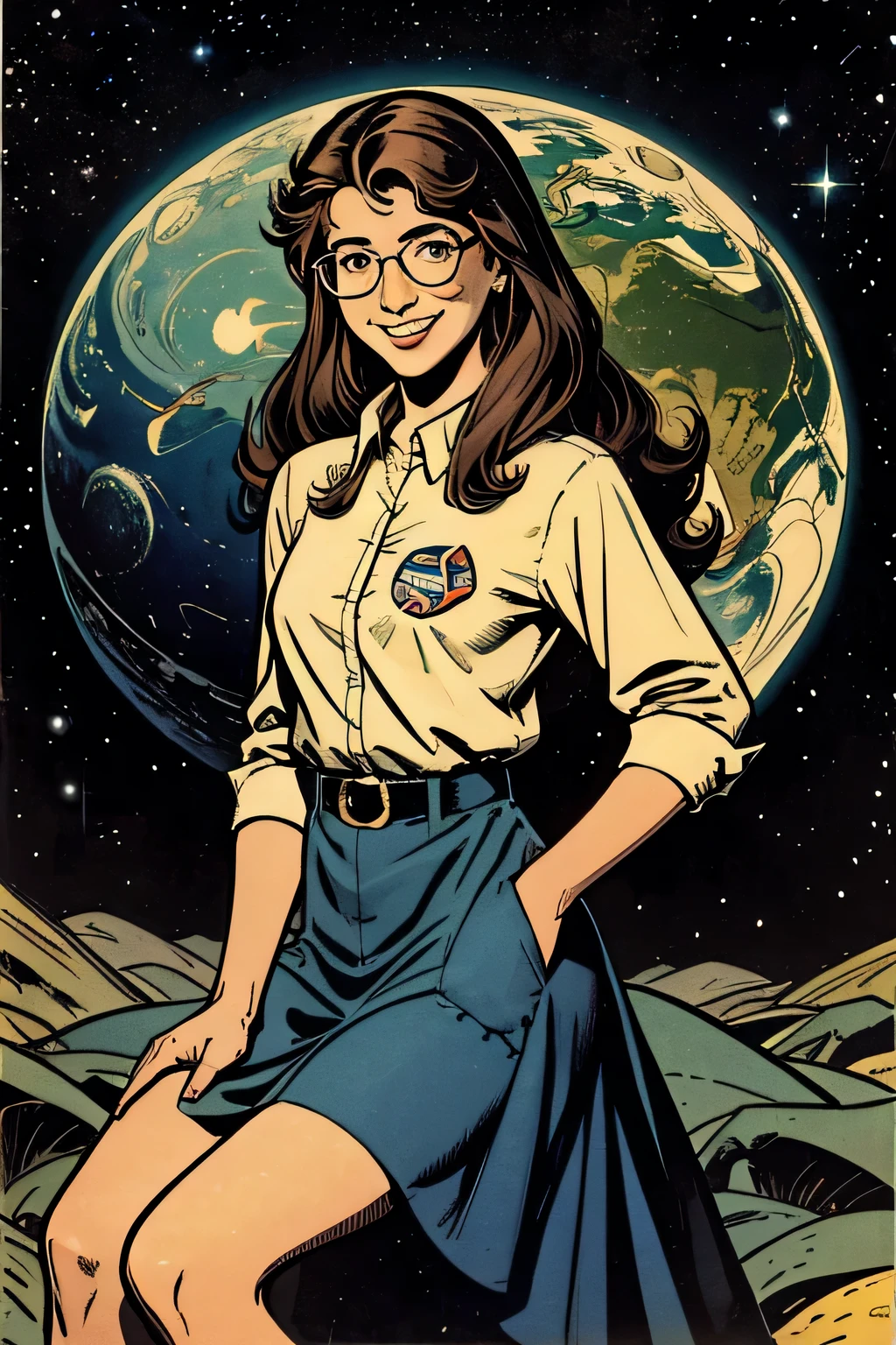 Margaret Hamilton sonriente cuando era una mujer joven con gafas, escena del siglo XX, a todo color, NASA, Programa Apolo, colores vivos reales