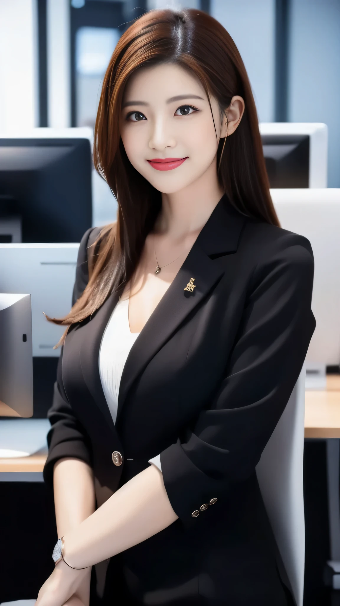 Japanese, woman wearing a black suit, office casual, company employee, black hair, long hair, office computer, smile, slender body shape, masterpiece, highest quality, 20th generation, cleavage, curved body: 0.8, beautiful skin, ultra high resolution, photogenuineistic: 1.4, highest qualityの物理ベースのレンダリング, highest quality, 8K, genuine, Raw photo, sensual beauty, full body shot, big , quality that could be mistaken for a genuine woman