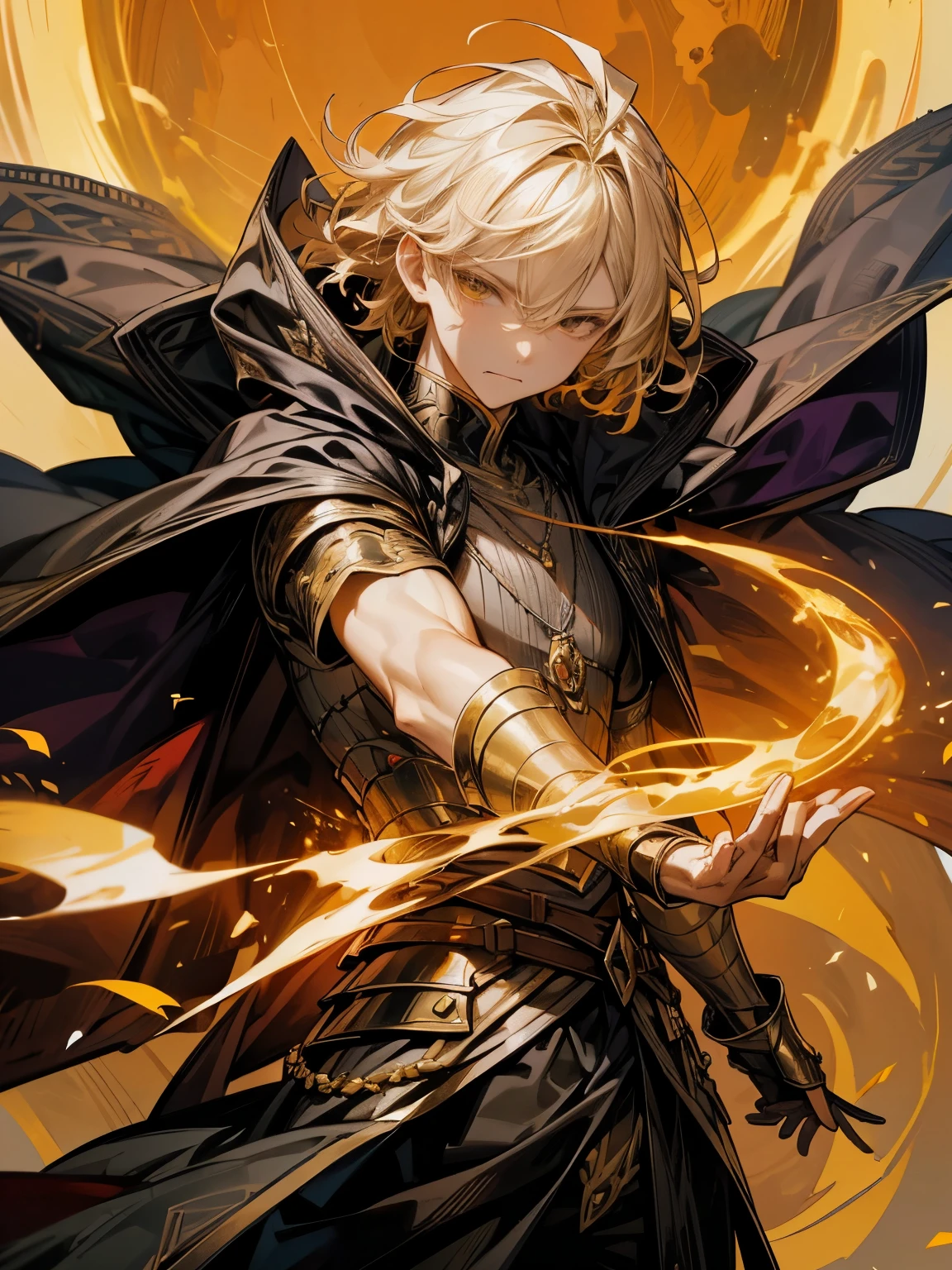 Generate an image of a character with the following attributes: The character is a man with short and wheat-colored hair, amber-honey eyes, a noble and mature appearance, wearing black armor covered by a green cloak. The hair is short and wavy, with a neutral expression. The character is adorned with a complete crescent moon and waning moon necklace, as well as an amethyst necklace. Blood Moon. The style is webtoon