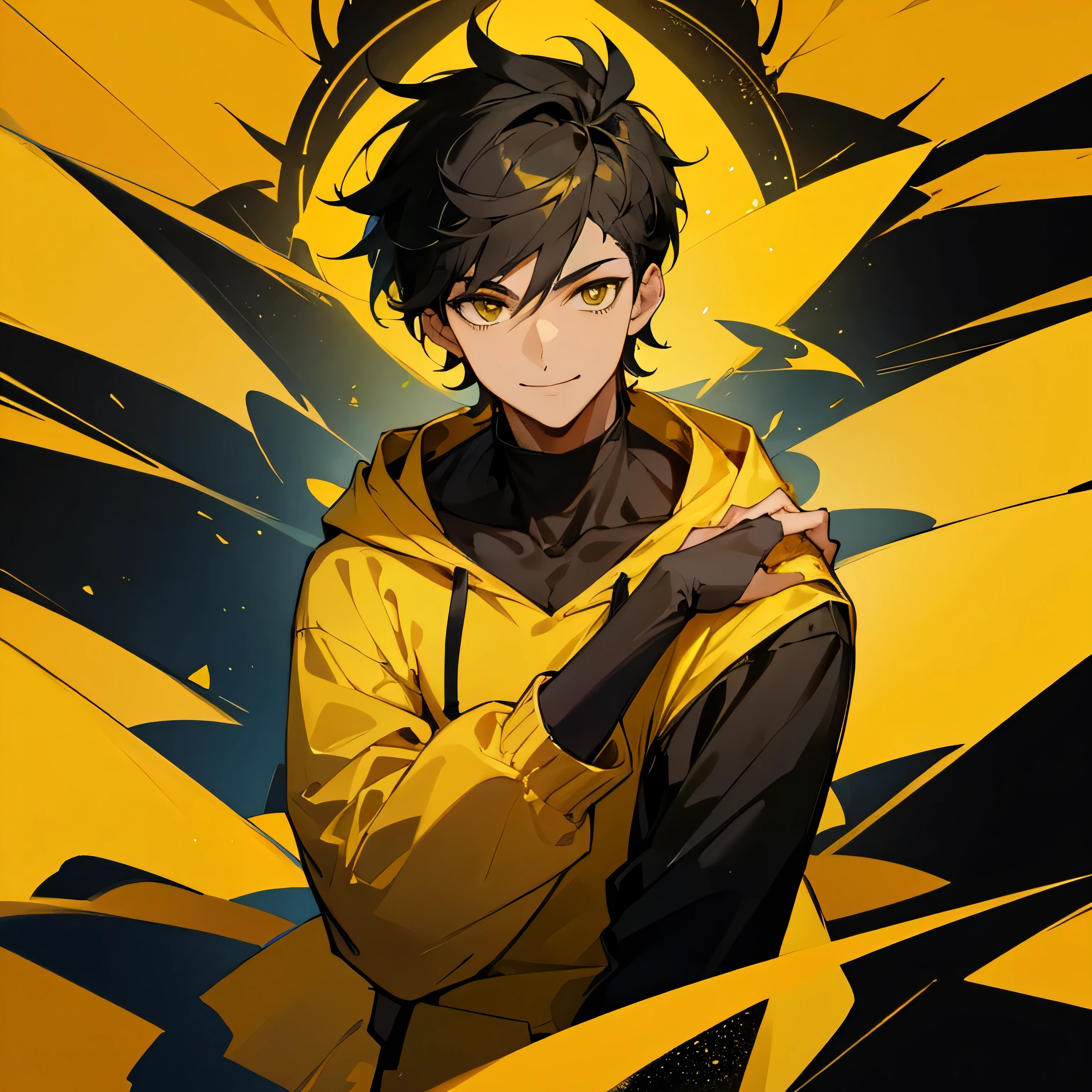 Handsome Indian Anime Character With A smiling Face, Full portrait, A Black and Yellow Hoodie. With Black and Yellow Background