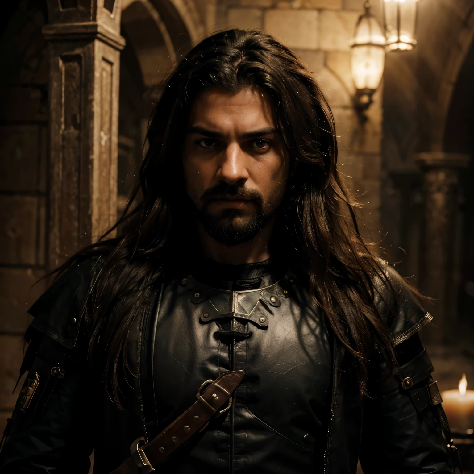 ((epicrealism), (high definition)), 8k image, 1boy, european-arab decent, long haired, scruffy hair, moustache and beard, dirty face, serious angry eyes, glowing eyes, black knight, detailed face, detailed eyes, detailed hair, detailed skin, angry flames, realitic lighting, realistic light and shadows, ambient light, (realism:1.4), holding flaming sword, dark night, dark background, detailed background,