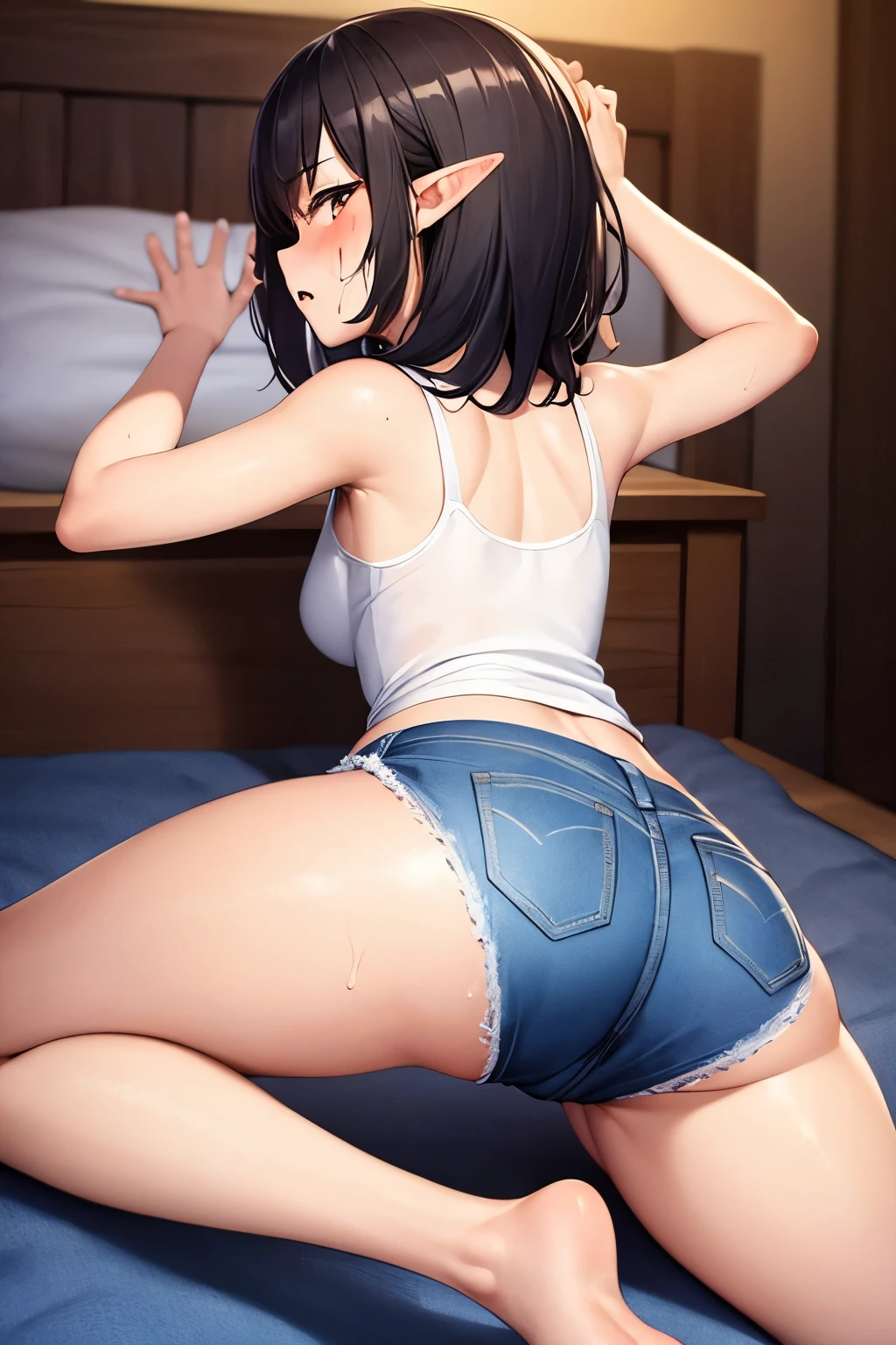 2D，highest quality，(masterpiece)，Shameimaru text，black hair，1 girl，little elf ears，healthy dark skin，黒のdenim hot pants，Tank top，barefoot，barefoot，attractive thighs，butt，share，Bedroom，Get drunk，Sweat，upper grade，cheeks are bright red，kneeling pose， wave hands，Cute with bruises，erotic，i feel it，denim hot pants，night，breathing heavily，female brat