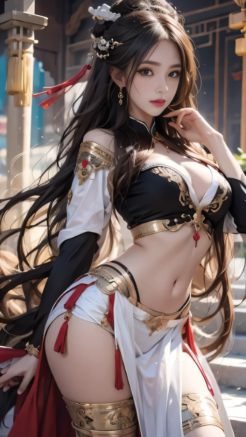 lifelike, High resolution, 1 female, hip lift, beautiful eyes, long hair, eye socket, jewelry, tattoo, hanfu, Chinese fairy, Taoist clothing