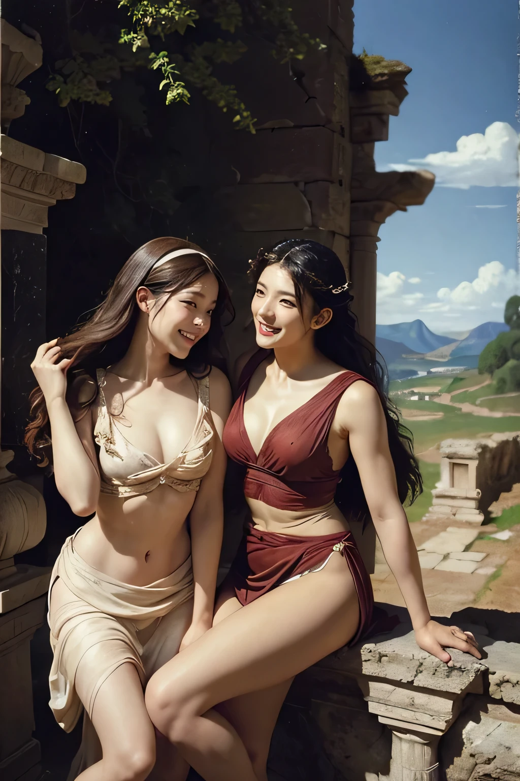 ancient roman sculpture,Ancient Roman ruins,Poussin-style landscape,A smile,,Sweet and seductive appearance.、Caravaggio's paintings、Chiaroscuro of Caravaggio、Hair disheveled in the wind,Two women frolicking,Cute smile, Expression of ecstasy,A sexy,Erotic