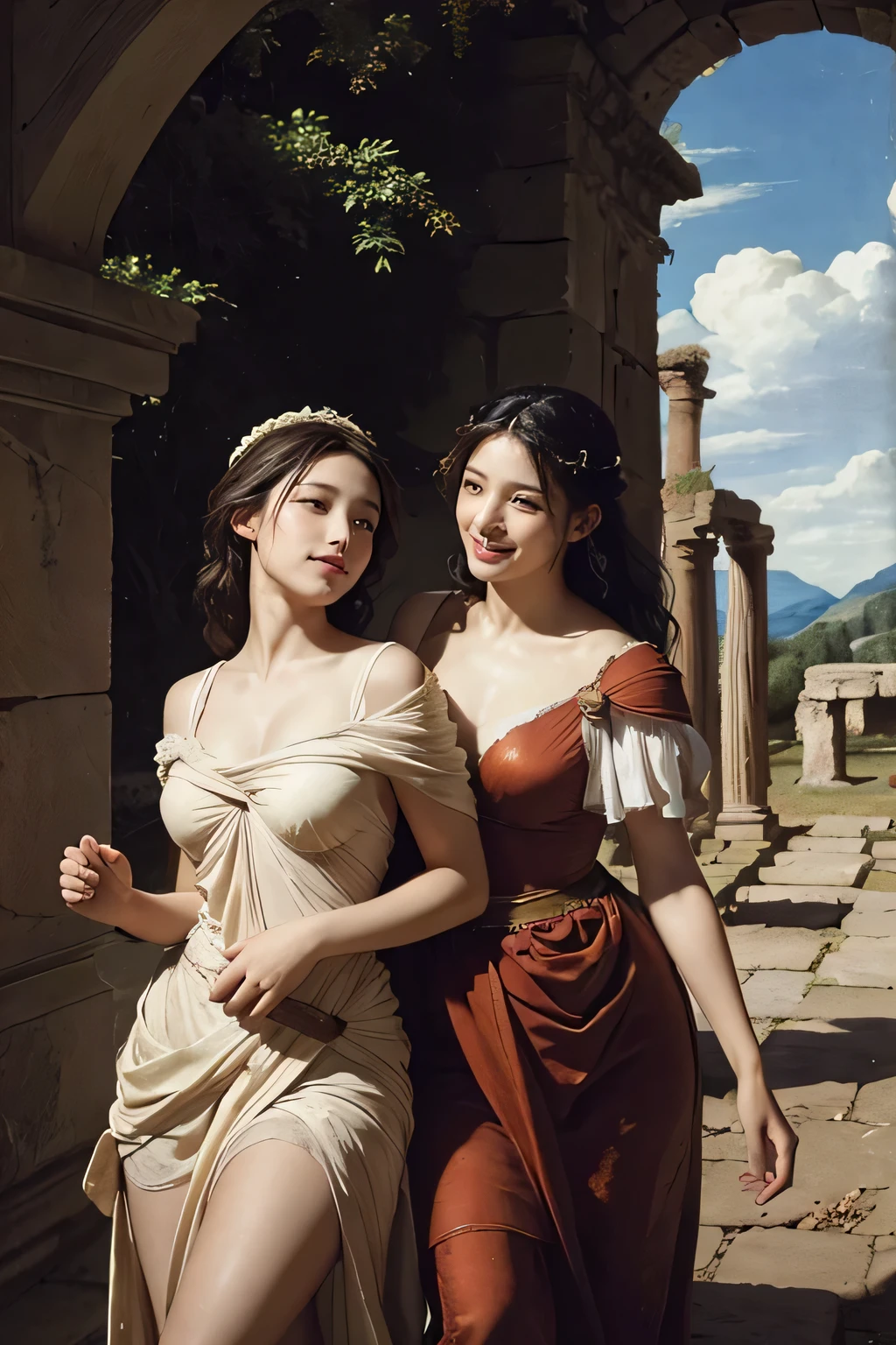 ancient roman sculpture,Ancient Roman ruins,Poussin-style landscape,A smile,,Sweet and seductive appearance.、Caravaggio's paintings、Chiaroscuro of Caravaggio、Hair disheveled in the wind,Two women frolicking,Cute smile, Expression of ecstasy,A sexy,Erotic