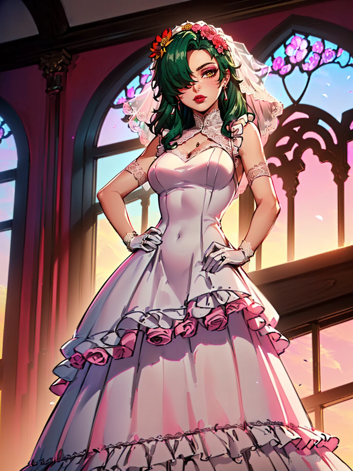 ((1girl, solo ,alone, long hair, green hair, yellow eyes, hair covering one eye, woman, (one hand on her hip, one hand behind her head) , dynamic pose, muscular female, gold bracelets, ruby earrings)), fitness, ((solo, (1woman, pink lipstick), Extremely detailed, ambient soft lighting, 4k, perfect eyes, a perfect face, perfect lighting, a 1girl)), ((solo, (1woman, pink lipstick), Extremely detailed, ambient soft lighting, 4k, perfect eyes, a perfect face, perfect lighting, a 1girl)), holding a gazania bouquet, cowboy shot, looking at viewer, blush, sapphire earrings, earrings, jewelry, church, window, sky, sunlight, complex background, sunset,((red lipstick, hair flower ornament, (lace dress, wedding dress, ruffles:1.2), bride, white gloves, long gloves))