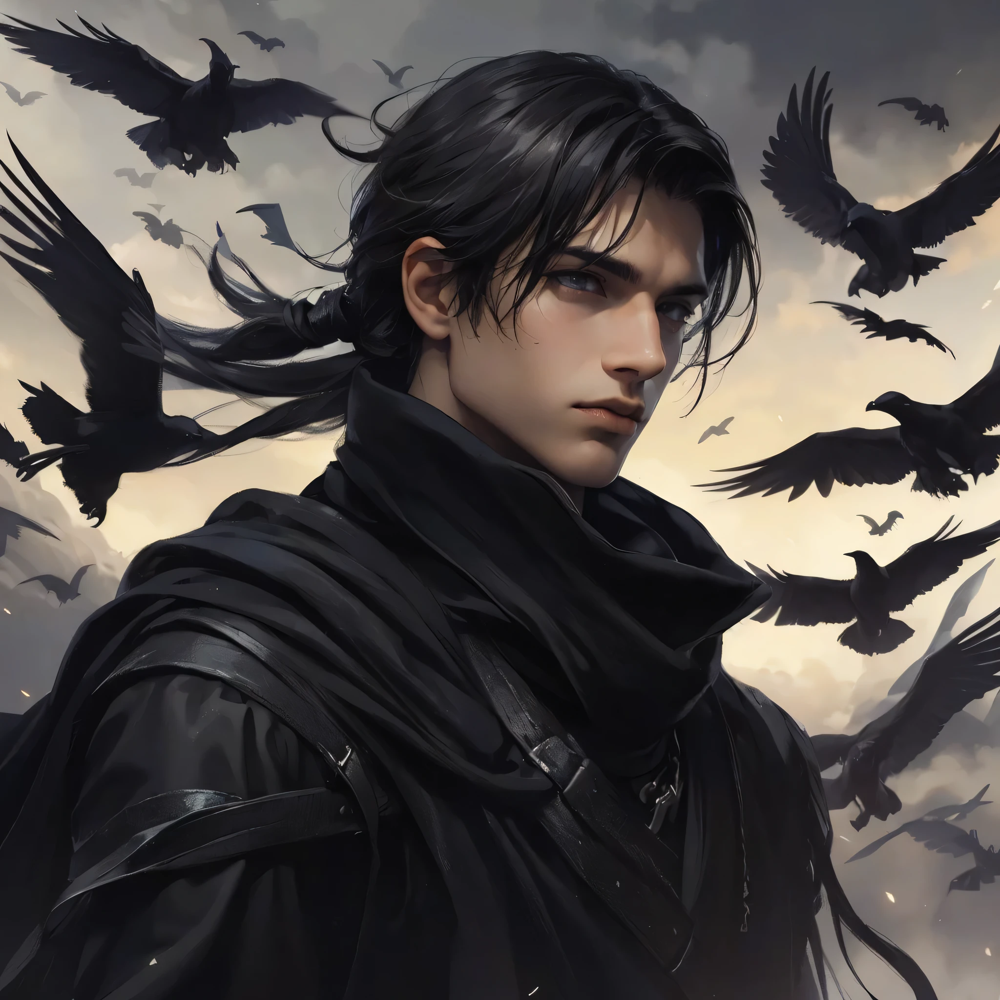 a close up image portrait of a 19 year old age MALE character who has dark long hair tied into a ponytail, a black scarf around his neck flowing with the wind, and an all black medieval fantasy sleek leather gear, with black gloves. an air of mystery, an apathetic look on his face. with shadows flying everywhere, dark yellowish eyes. Night sky. Make him strikingly handsome, enigmatic, 4k, high resolution, masterpiece, dark fantasy 