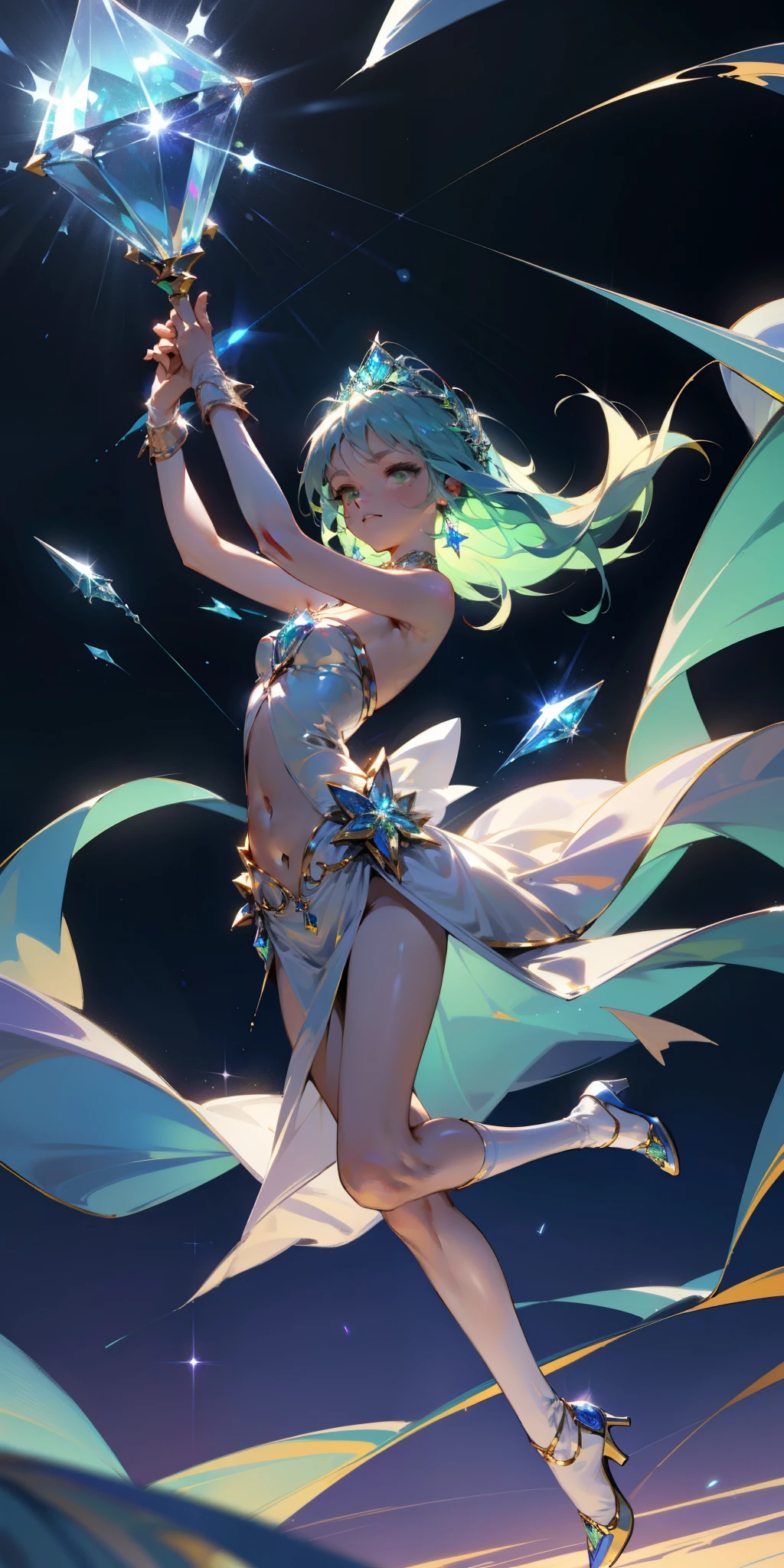 masterpiece,top quality,fantasy,Blue space with shining stars,ice cave,Girl using magic blonde girl),,green eyes,(Blue jewelry and luxurious silver tiara,Navel ejection、Gorgeous sexy girl in white dress,Blue gemstone brooch,golden decoration),White and blue high heels,white high socks、Wear blue socks on your right foot,Luxury sword，Blue gemstone in hand,Confident facial expression,Green cube glowing on the ground,Purple fog,Fly green laser beam,Posture of holding a sword with both hands,low angle,There are large blue crystals under your feet