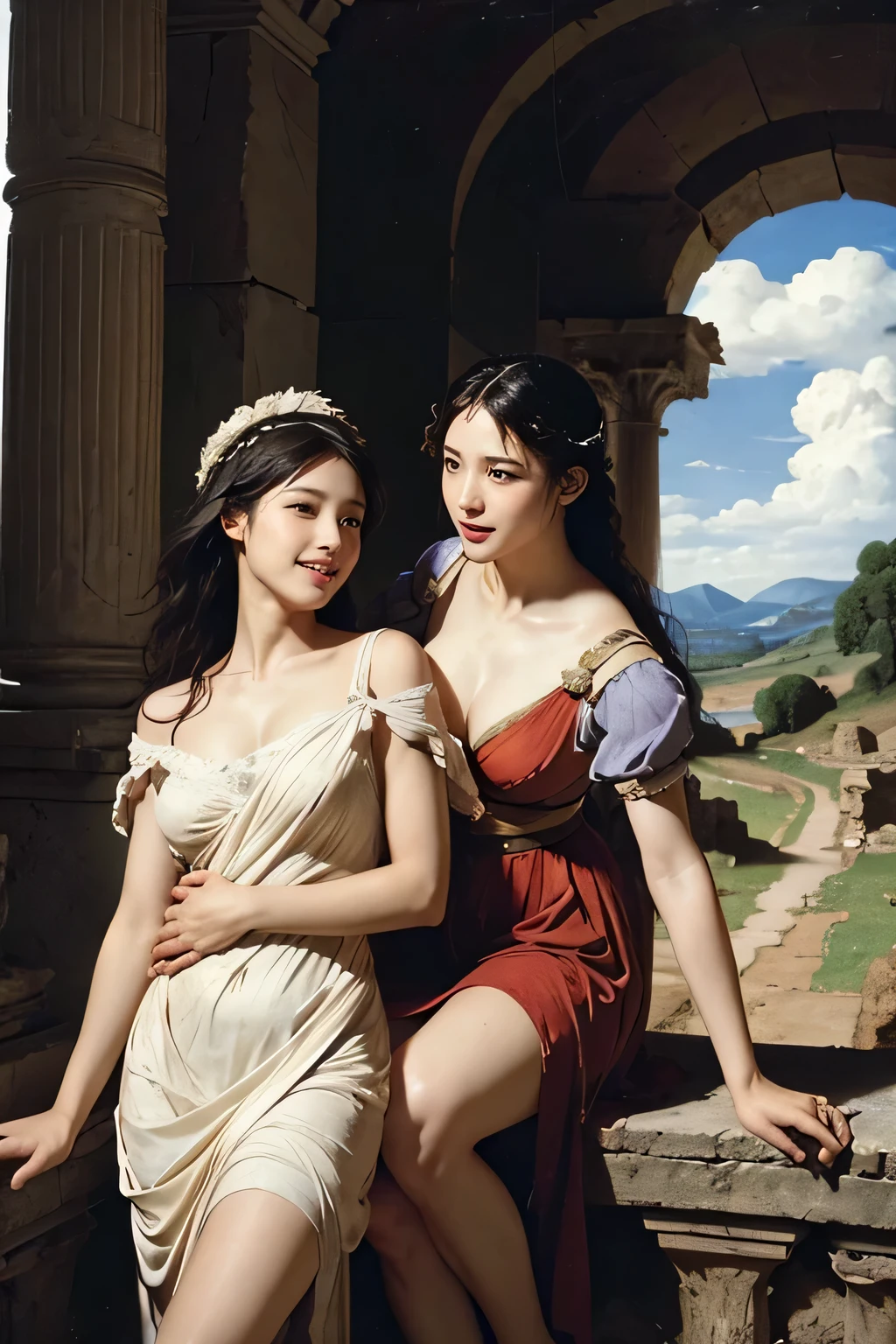 ancient roman sculpture,Ancient Roman ruins,Poussin-style landscape,A smile,,Sweet and seductive appearance.、Caravaggio's paintings、Chiaroscuro of Caravaggio、Hair disheveled in the wind,Two women frolicking,Cute smile, Expression of ecstasy,A sexy,Erotic