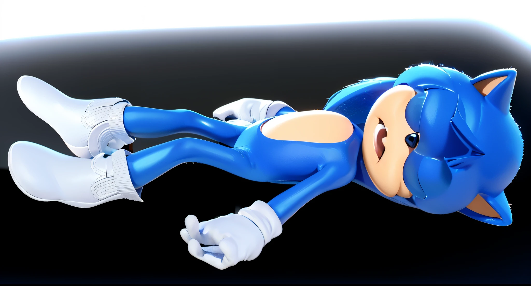 A 3D render of Sonic the Hedgehog laying on his side with his arms and legs crossed. He has his eyes closed and is smiling.A 3D render of Sonic the Hedgehog laying on his side with his eyes closed. He is wearing white sneakers and gloves and has a blue fur coat. glossy texture, smooth 3d model, multiple light sources, rim light, sharp post effects render, (glossy plastic texture with multiple big light probe refractions), perfect cgi, smooth silhouette, high intensity refraction, (super glossy material), most beautiful vfx, blue background, plastic refractions, realistic, 4k, high resolution, rim light