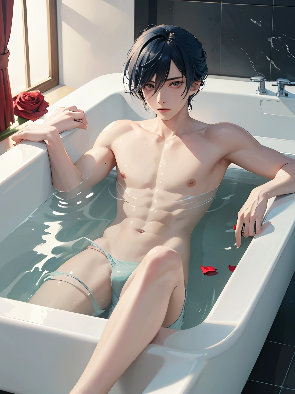 anime boy taking a bath in a bathtub with rose petals, wet body, bathtub, bubble bath, high quality fanart, bath, Beast, at pixiv, official fanart, pixiv, detailed fanart, relaxing, levi ackerman, in bathroom, relaxing environment, relaxing mood, by Shingei, anime asthetic, relaxing concept art, wet anime boy, with rose petals in the bathtub, beautiful atmosphere, hot anime boy, cute 