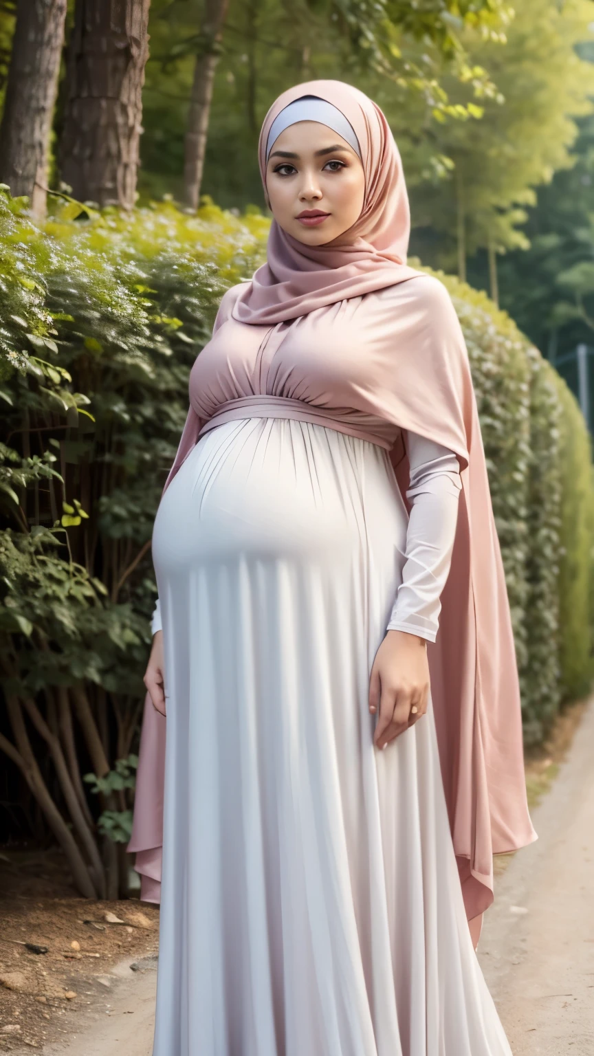 Close up),RAW, Best quality, high resolution, masterpiece: 1.3), Beautiful Malay woman in hijab,perfect fit body, big breast, (huge pregnant) ,sthick thighs,big beautiful eyes, Soft smile, beautiful face,very beutifull face,lip glosy, watery eyes, close up of a woman in a long dress standing on a gravel road, modest flowing gown, long dress female, full covered dress, soft silk dress, beautiful soft silky dress, elegant cape, light half opened dress, malay dress, with cape, beautiful silky dress, dress in voile, in shades of peach, long dress, flowing dress, long cape, dress and cloth Great lighting, Bright colors, Clean lines