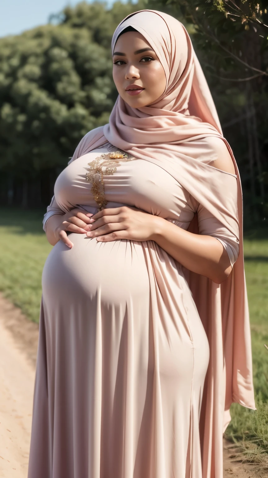 Close up),RAW, Best quality, high resolution, masterpiece: 1.3), Beautiful Malay woman in hijab,perfect fit body, big breast, (huge pregnant) ,sthick thighs,big beautiful eyes, Soft smile, beautiful face,very beutifull face,lip glosy, watery eyes, close up of a woman in a long dress standing on a gravel road, modest flowing gown, long dress female, full covered dress, soft silk dress, beautiful soft silky dress, elegant cape, light half opened dress, malay dress, with cape, beautiful silky dress, dress in voile, in shades of peach, long dress, flowing dress, long cape, dress and cloth Great lighting, Bright colors, Clean lines