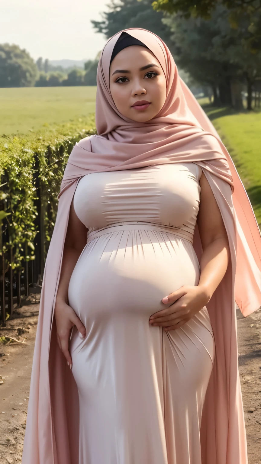 Close up),RAW, Best quality, high resolution, masterpiece: 1.3), Beautiful Malay woman in hijab,perfect fit body, big breast, (huge pregnant) ,sthick thighs,big beautiful eyes, Soft smile, beautiful face,very beutifull face,lip glosy, watery eyes, close up of a woman in a long dress standing on a gravel road, modest flowing gown, long dress female, full covered dress, soft silk dress, beautiful soft silky dress, elegant cape, light half opened dress, malay dress, with cape, beautiful silky dress, dress in voile, in shades of peach, long dress, flowing dress, long cape, dress and cloth Great lighting, Bright colors, Clean lines