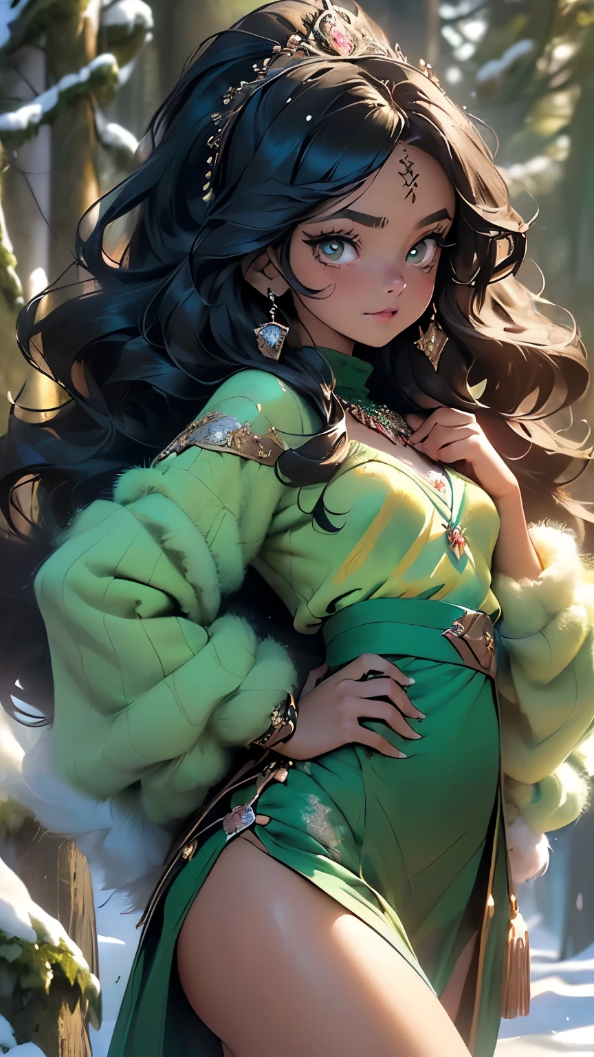 cute ,(((little ,tiny little body,little,chibi))),(((6 years old))),((((1 toddler:1.4))),(baby face),(round face),(little chest),(big forhead:1.2),(anime  with extremely cute and beautiful black hair)),

((((indian girl)))),(((flat chest))),((((black hair:1.35,messy hair,colored inner hair,absurdly long unkempt hair,dark hair,black hair,very long hair,voluminous hair,Thick hair,Dense hair,long hair)))),(((turquoise_eyes:1.3))),intricate eyes,beautiful detailed eyes,symmetrical eyes,big eyes:1.5,(((lustrous skin:1.5,bright skin: 1.5,skin tanned,shiny skin,very shiny skin,shiny body,plastic glitter skin,exaggerated shiny skin,illuminated skin))),(detailed body,(detailed face)),

(cute,kawaii,(nsfw)),🦄,🌈,

navel,(((modern princess,green diadem,green fur sweater, green fur sweater outfit, wearing a green fur sweater:1.3,green winter sweater))), ((skirt)),(arabian clothes,with little blue clothing,((((furry edge clothing)))),(arabian jewelry,intricate necklace),(((intricate outfit,intricate clothes,embroidered outfit,ornate outfit))),

(dynamic pose:1.0),embarrassed,(centered,scale to fit dimensions,Rule of thirds),

((snowy pine forest)),winter,scenery:1.25,((intricate scenery)),((snow forest background)),

(Glossy winter ornaments),highres,sharp focus,(ultra detailed,extremely detailed),(photorealistic artwork:1.37),(extremely detailed CG unity 8k wallpaper),(((vibrant colors,vibrant theme))),(intricate),(masterpiece),(best quality),
