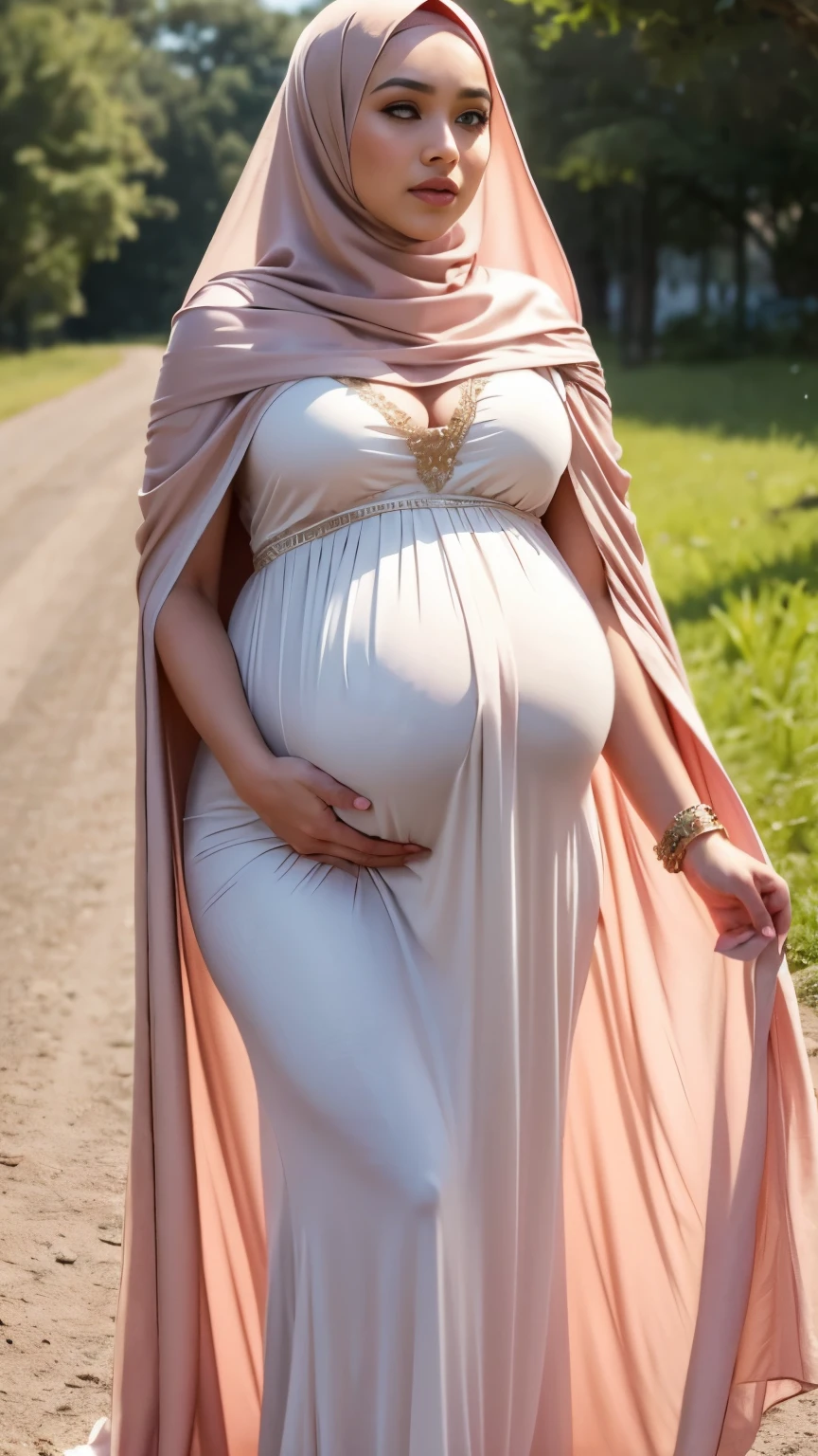 Close up),RAW, Best quality, high resolution, masterpiece: 1.3), Beautiful Malay woman in hijab,perfect fit body, big breast, (huge pregnant) ,sthick thighs,big beautiful eyes, Soft smile, beautiful face,very beutifull face,lip glosy, watery eyes, close up of a woman in a long dress standing on a gravel road, modest flowing gown, long dress female, full covered dress, soft silk dress, beautiful soft silky dress, elegant cape, light half opened dress, malay dress, with cape, beautiful silky dress, dress in voile, in shades of peach, long dress, flowing dress, long cape, dress and cloth Great lighting, Bright colors, Clean lines