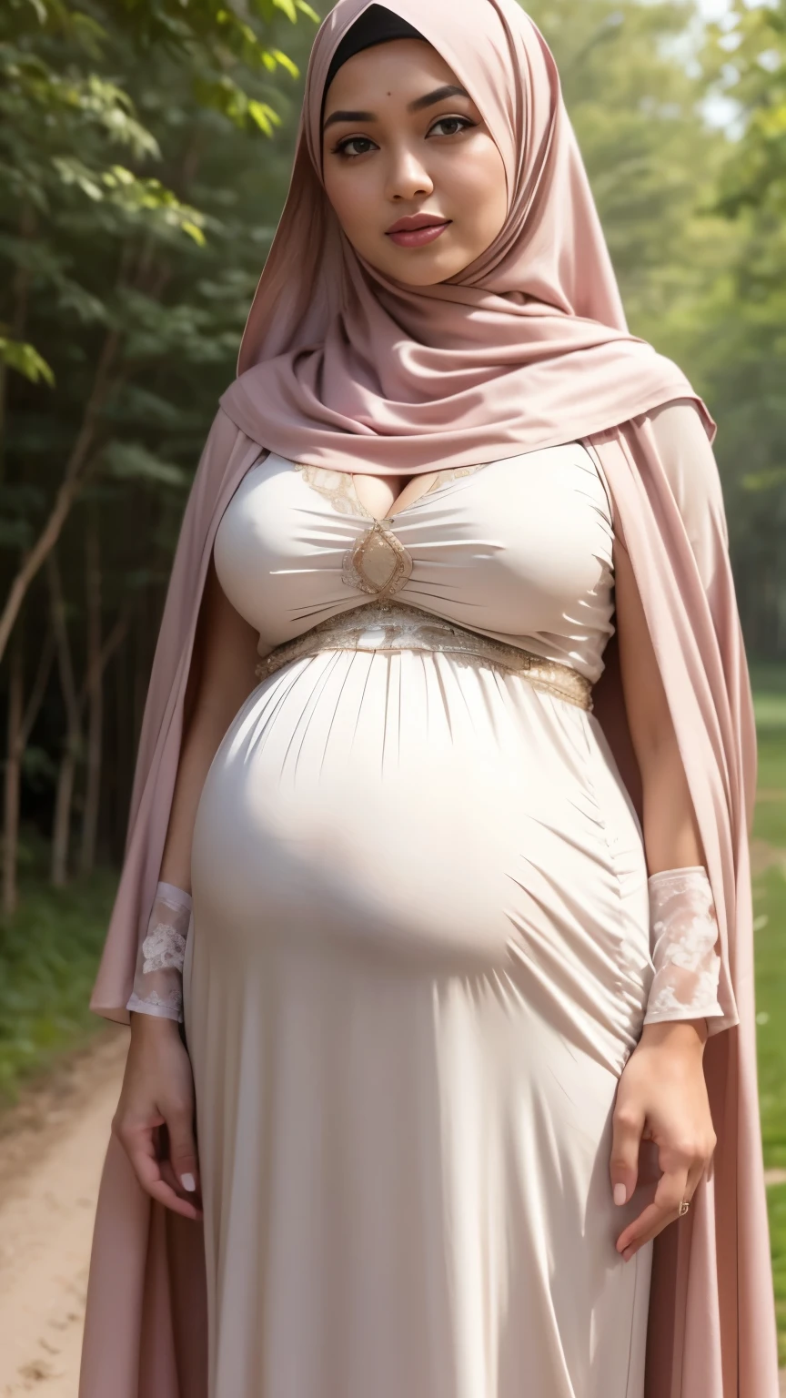Close up),RAW, Best quality, high resolution, masterpiece: 1.3), Beautiful Malay woman in hijab,perfect fit body, big breast, (huge pregnant) ,sthick thighs,big beautiful eyes, Soft smile, beautiful face,very beutifull face,lip glosy, watery eyes, close up of a woman in a long dress standing on a gravel road, modest flowing gown, long dress female, full covered dress, soft silk dress, beautiful soft silky dress, elegant cape, light half opened dress, malay dress, with cape, beautiful silky dress, dress in voile, in shades of peach, long dress, flowing dress, long cape, dress and cloth Great lighting, Bright colors, Clean lines