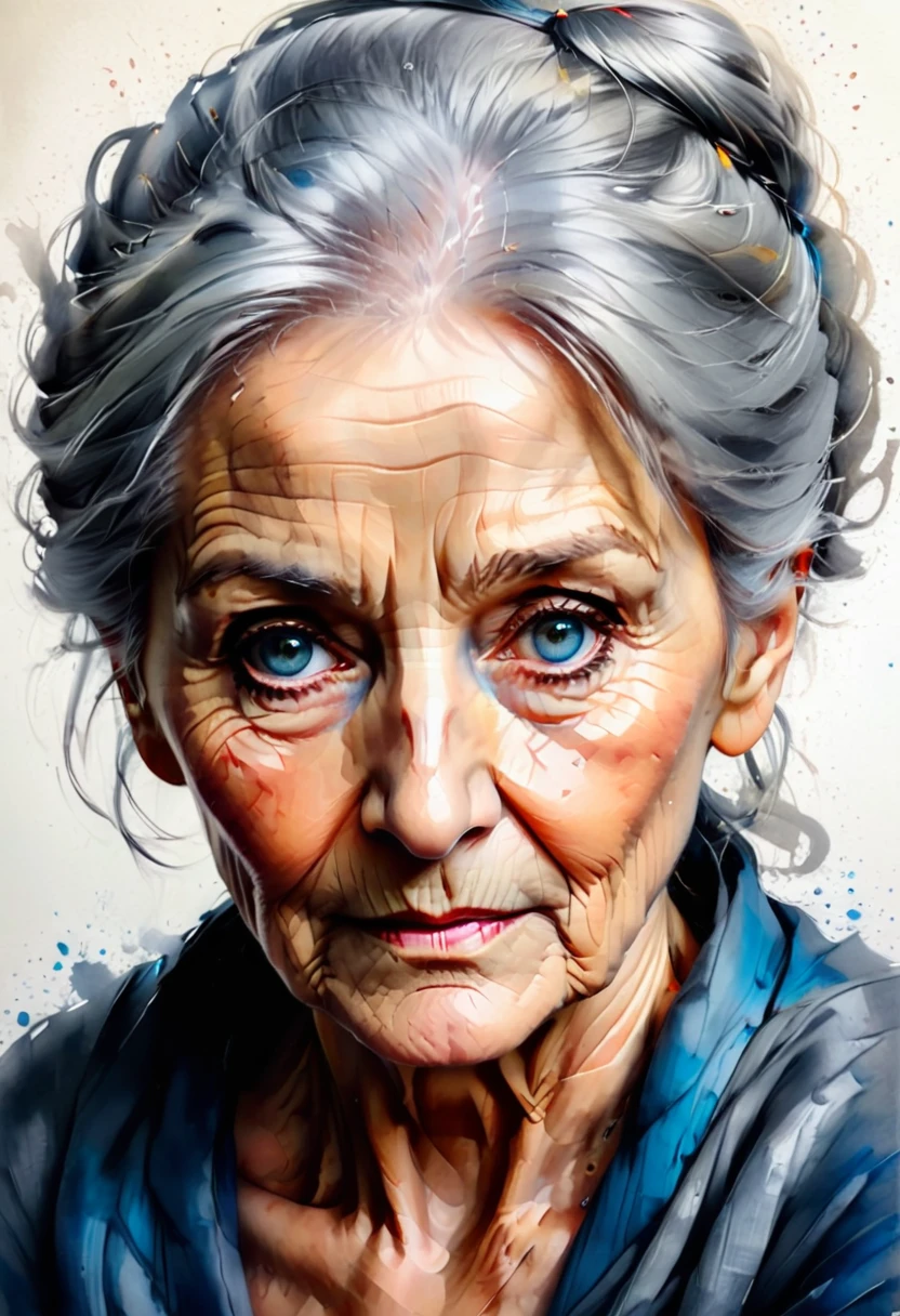 (best quality, ultra-detailed),one piece, old woman , crayng ,haighly detailed portret, traditional oil painting,wise-looking eyes,blue eyes, wrinkled skin (detailed wrinkles),grey hair,sharp focus,carefully painted hands,portrait,soft lighting,neutral color tones,sophisticated,inspiring