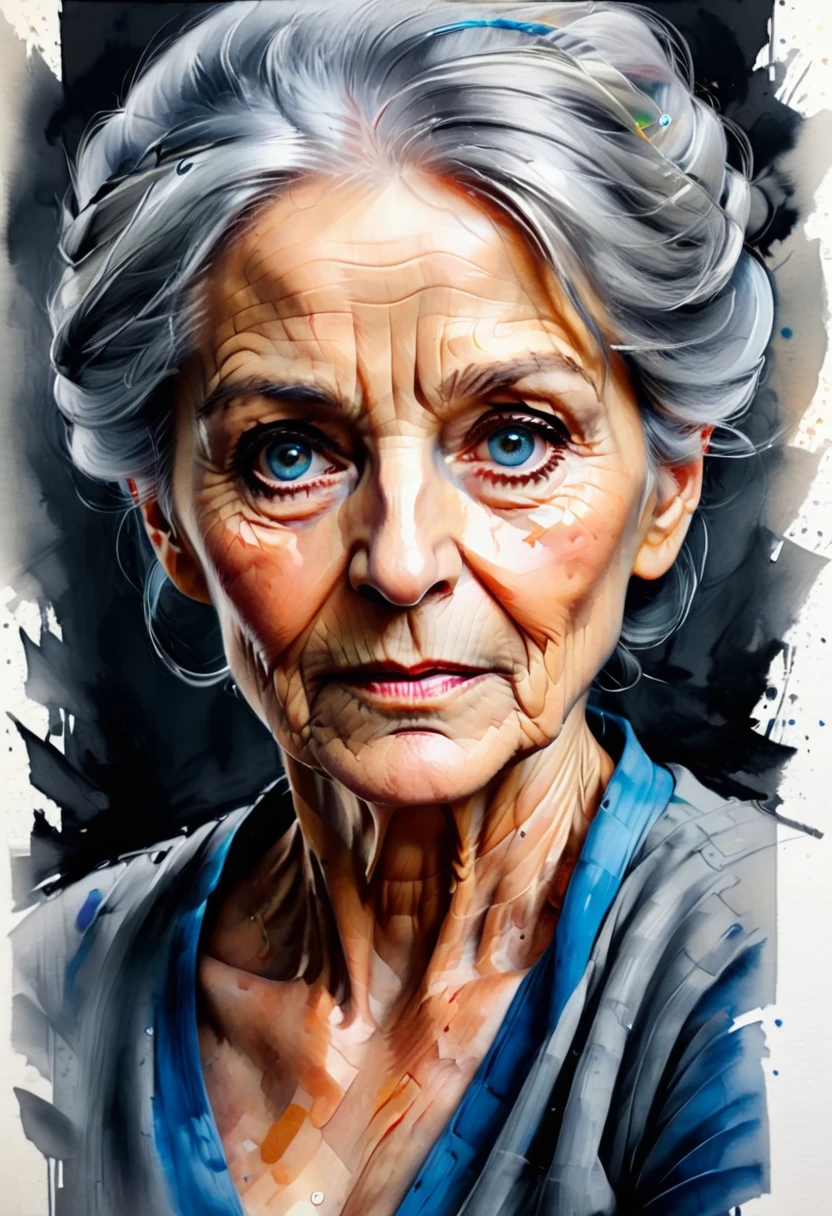 (best quality, ultra-detailed),one piece, old woman , crayng ,haighly detailed portret, traditional oil painting,wise-looking eyes,blue eyes, wrinkled skin (detailed wrinkles),grey hair,sharp focus,carefully painted hands,portrait,soft lighting,neutral color tones,sophisticated,inspiring