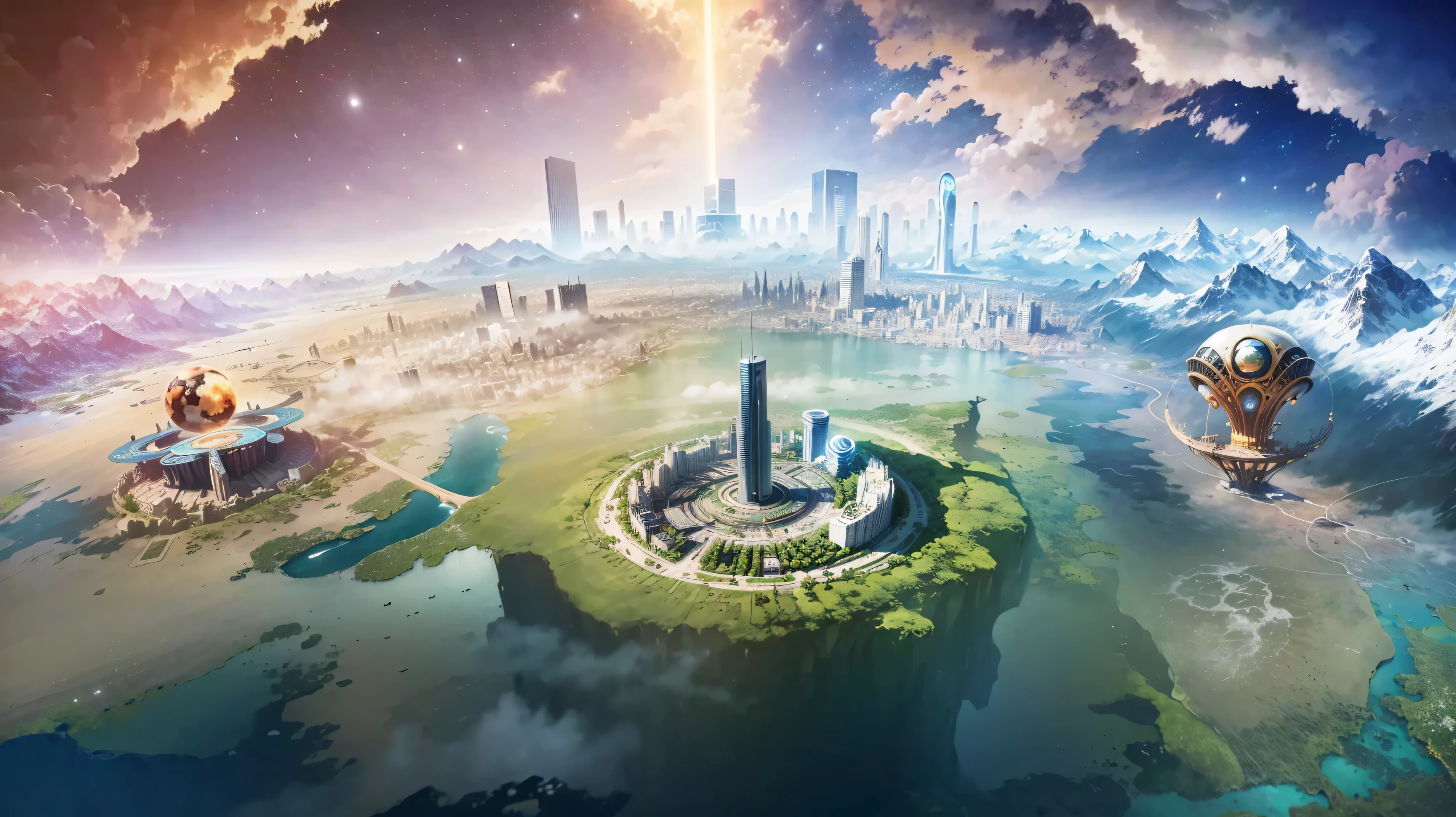 Close-up of city on planet with sky as background, Year of Saint Paul 2 0 7 0, future cityscape, Vision of future cities, Utopian metropolis of the future, futuristic Utopian city, floating city in the sky, Empyrean City, beautiful future city, railway cityscape, futuristic city background,In the middle of the site, There are many cylindrical skyscrapers, towering above the clouds. buildings have bright color schemes, Have a closer lower structure,Gradually becoming higher and fuzzier. They are arranged in a regular pattern, forming a futuristic urban landscape. The sky is blue and filled with bright colors. around buildings, With lush plants and gardens, create harmony、cozy atmosphere. As you explore the city, You notice subtle irregularities and intricate details, Like the boulders scattered around, Reminiscent of the lost city of Atlantis. The artwork is inspired by the futuristic paintings of Rob Gonzales and Tim White, creating an excellent and dramatic visual experience. It feels like a Utopian city, A planet-scale metropolis with advanced technology and a peaceful atmosphere. highest image quality, with Super detailed structures and vivid colors. The lighting in the scene is carefully created, The combination of natural and artificial light illuminates the city in a captivating way.
(best quality, 8K, ultra high definition, High resolution, masterpiece:1.2), Super detailed, (actual, photoactual, photo-actual:1.37), Future pastel painting, Inspired by Rob Gonzalez and Tim White, dramatic, planetary city, Utopian city, bright colors, Blue undertone, Excellent lighting, gigantic scale.