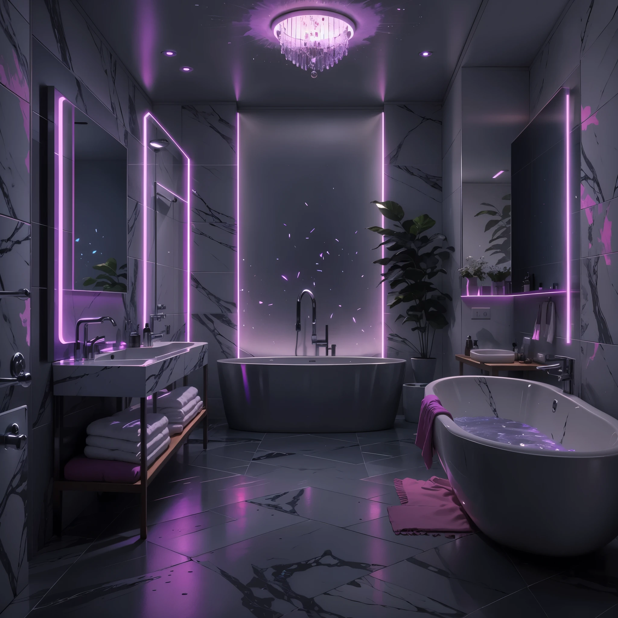 А bathroom has beautiful purple led lighting. Lamplight. Neon purple lighting. The bath is in the center of the room. There are extinguished and lit candles (several).