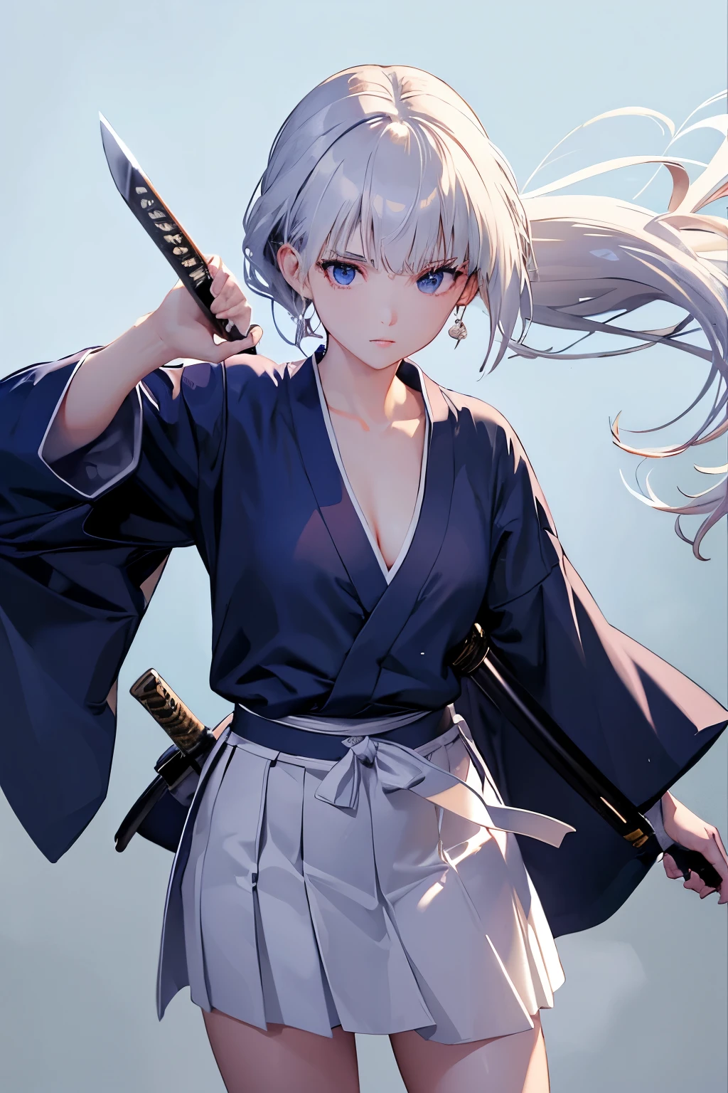 （（high quality、masterpiece、detailed、normal body、５This finger、Precise、delicate））、beautiful girl swordsman（（C cup、Holds a Japanese sword in the right hand、holding the scabbard in the left hand、silver hair））、black racy robe、Black and white bra、white racy mini skirt、My skirt is blown up by the wind、wielding a Japanese sword、unsheathed sword、Absence、Good Japanese sword、Blade length 80cm、Scabbard 82cm、pulls out a Japanese sword from its sheath、mowing down、Feminization:1.7