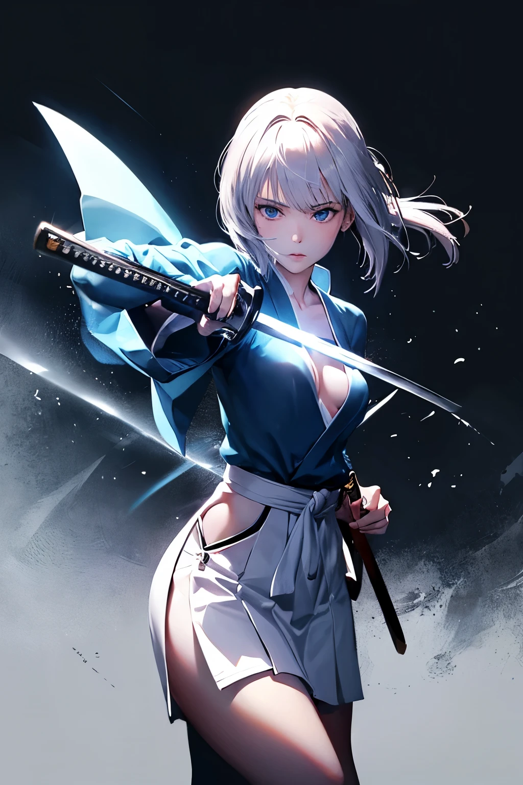 （（high quality、masterpiece、detailed、normal body、５This finger、Precise、delicate））、beautiful girl swordsman（（C cup、Holds a Japanese sword in the right hand、holding the scabbard in the left hand、silver hair））、black racy robe、Black and white bra、white racy mini skirt、the skirt is rolled up、wielding a Japanese sword、unsheathed sword、Absence、Good Japanese sword、Blade length 80cm、Scabbard 82cm、Keep your hips low、pulls out a Japanese sword from its sheath、mowing down、Feminization:1.7