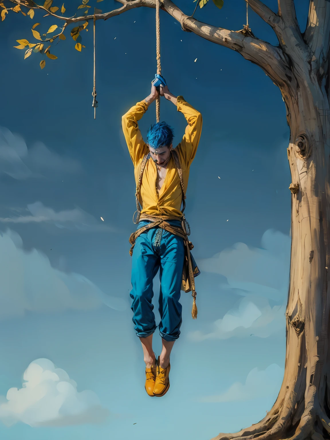the hanged man tarot card,man hanging from a rope hanging head down on a tree, stylized in blue and gold colors, full hd, hyper realistic, realistic style, the best quality