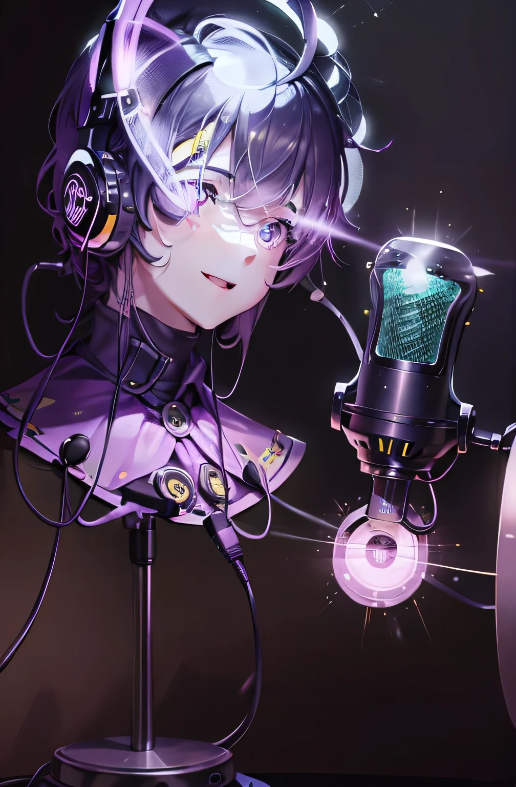 Create a podcast microphone, yellow microphone laugh, 1:1, purple neon light, Learning scenarios