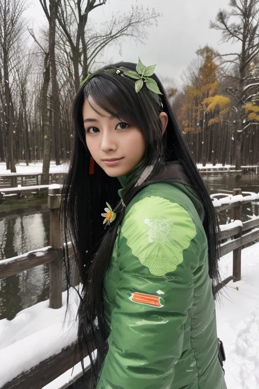 Guan Yinping, fly,happy, black发, brown eyes, hair accessories, hair flower, Green roof, forest, Half body, holding card, black, 上Half body，river,cloud, Fall，snow，snow falling