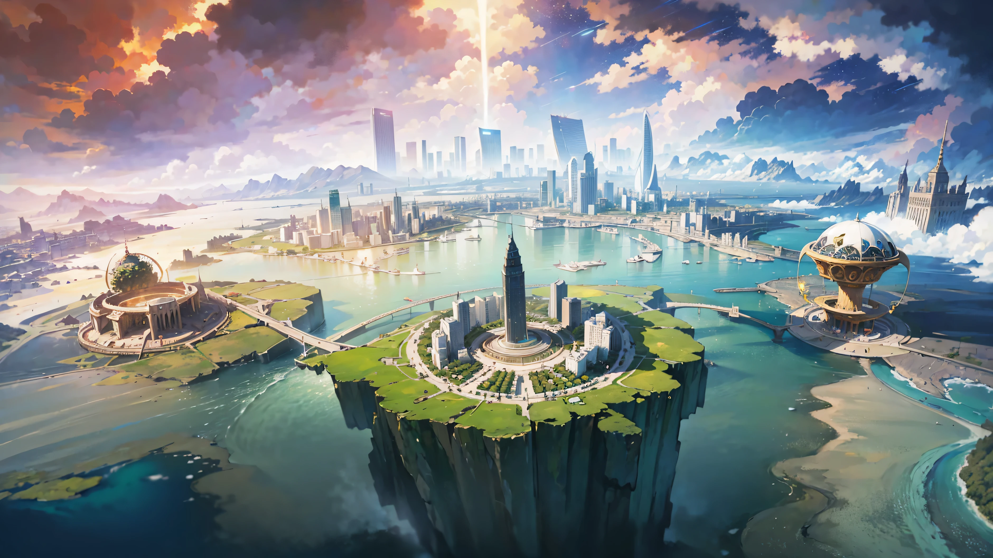 Close-up of city on planet with sky as background, Year of Saint Paul 2 0 7 0, future cityscape, Vision of future cities, Utopian metropolis of the future, futuristic Utopian city, floating city in the sky, Empyrean City, beautiful future city, railway cityscape, futuristic city background，In the middle of the site, There are many cylindrical skyscrapers, towering above the clouds. buildings have bright color schemes, Have a closer lower structure，Gradually becoming higher and fuzzier. They are arranged in a regular pattern, forming a futuristic urban landscape. The sky is blue and filled with bright colors. around buildings, With lush plants and gardens, create harmony、cozy atmosphere. As you explore the city, You notice subtle irregularities and intricate details, Like the boulders scattered around, Reminiscent of the lost city of Atlantis. The artwork is inspired by the futuristic paintings of Rob Gonzales and Tim White, creating an excellent and dramatic visual experience. It feels like a Utopian city, A planet-scale metropolis with advanced technology and a peaceful atmosphere. highest image quality, with Super detailed structures and vivid colors. The lighting in the scene is carefully created, The combination of natural and artificial light illuminates the city in a captivating way.

(best quality, 8K, ultra high definition, High resolution, masterpiece:1.2), Super detailed, (actual, photoactual, photo-actual:1.37), Future pastel painting, Inspired by Rob Gonzalez and Tim White, dramatic, planetary city, Utopian city, bright colors, Blue undertone, Excellent lighting, gigantic scale.