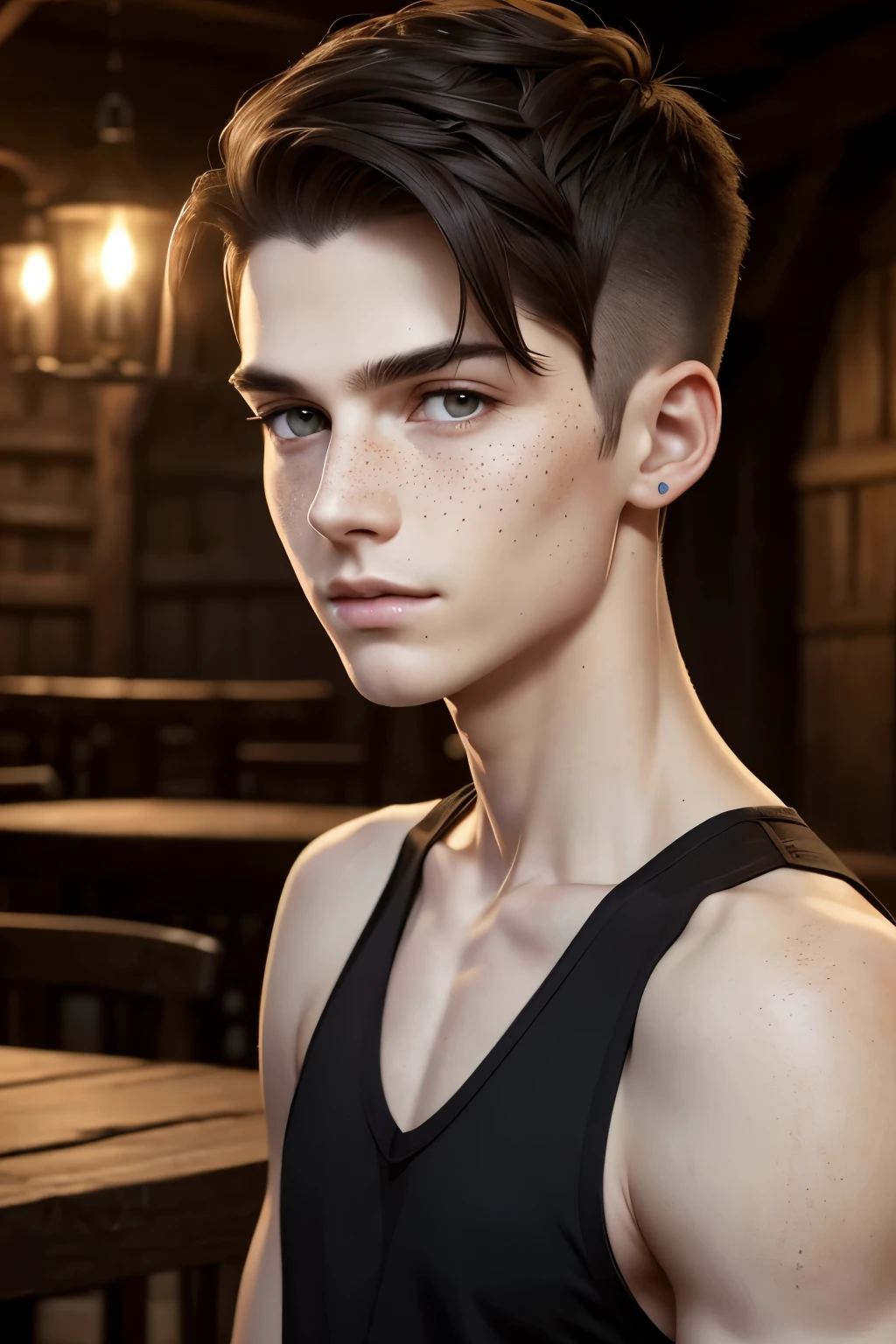 Portrait of an androgynous young male socerer with a undercut. Kind. Friendly. Happy. Very short haircut. Dark-brown hair with a undercut. Sides shaved. A soft narrow face with a lot of freckles. Long neck. Soft round chin. Wide forehead. Very thin barley visible eyebrows. Big upturned eyes. Dark-brown eyecolour. Long wide nose. Soft curved lips. Very pale skin with liverspots. Slim body. Wearing a black tank top. In a shady medieval tavern.