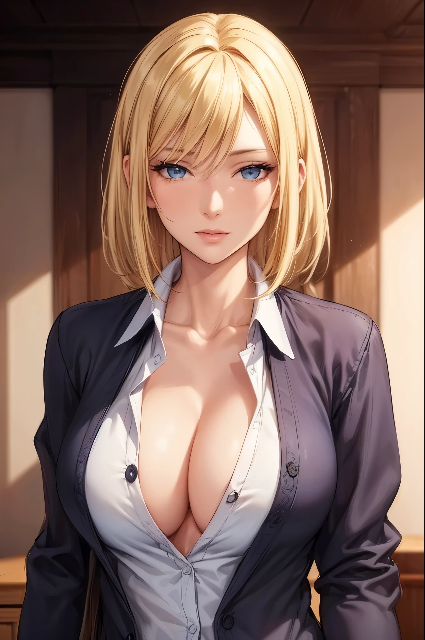 (best quality, highres, photorealistic), portrait, elegant mature woman, blue eyes, long hair, swept-side bang, blonde hair, transparen see through shirt, big breast, ultra detailed cg 8k, beautiful cg, soft light