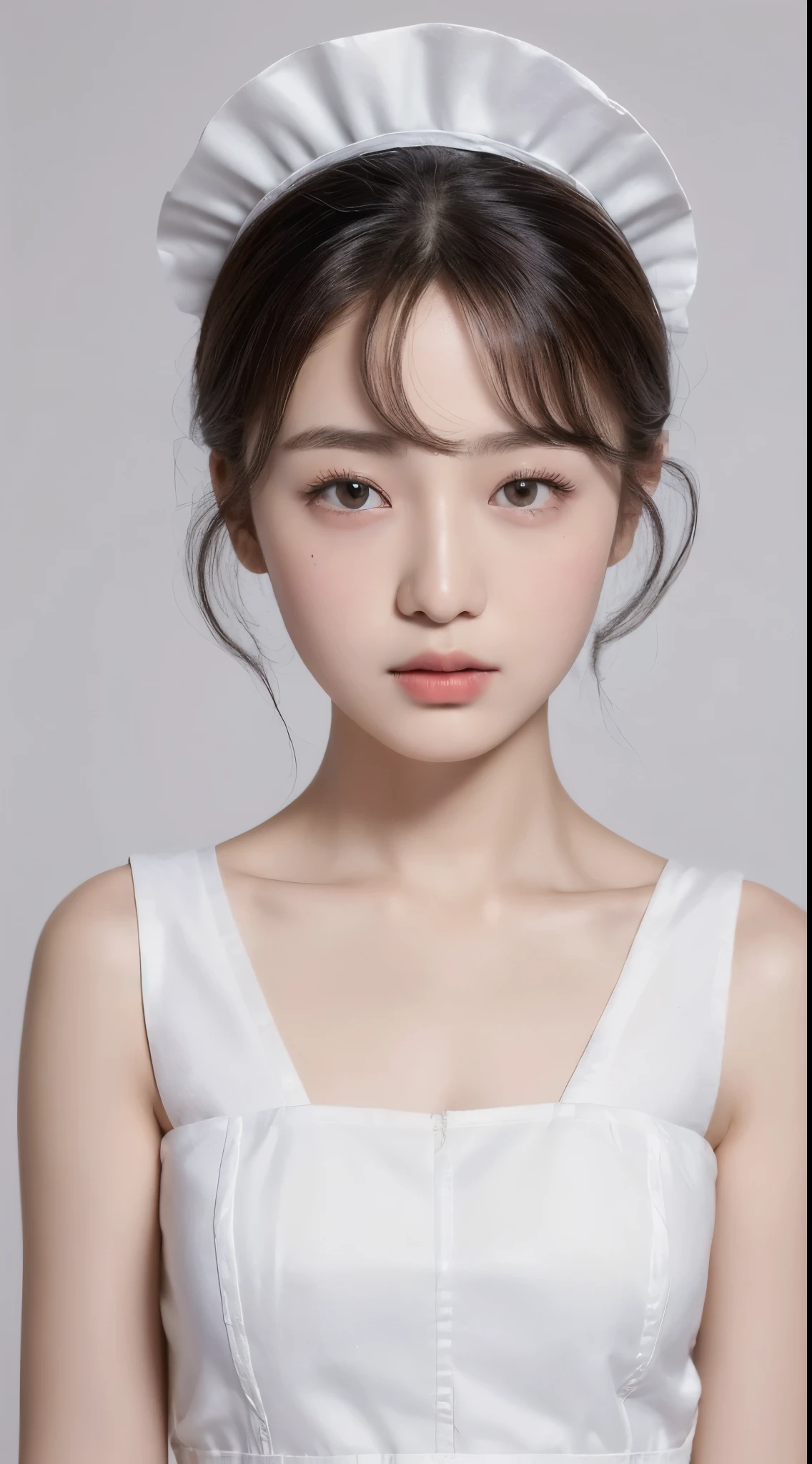 ((highest quality, 8k, masterpiece: 1.3)), sharp: 1.2, (Maid clothes:1.2), ((bob hair: 1.2)), (white background: 1.2), Highly detailed face and skin texture, fine eyes, double eyelid, Frontal face looking at the camera, 13 years old, cheek, baby face, lipstick, korean actress,