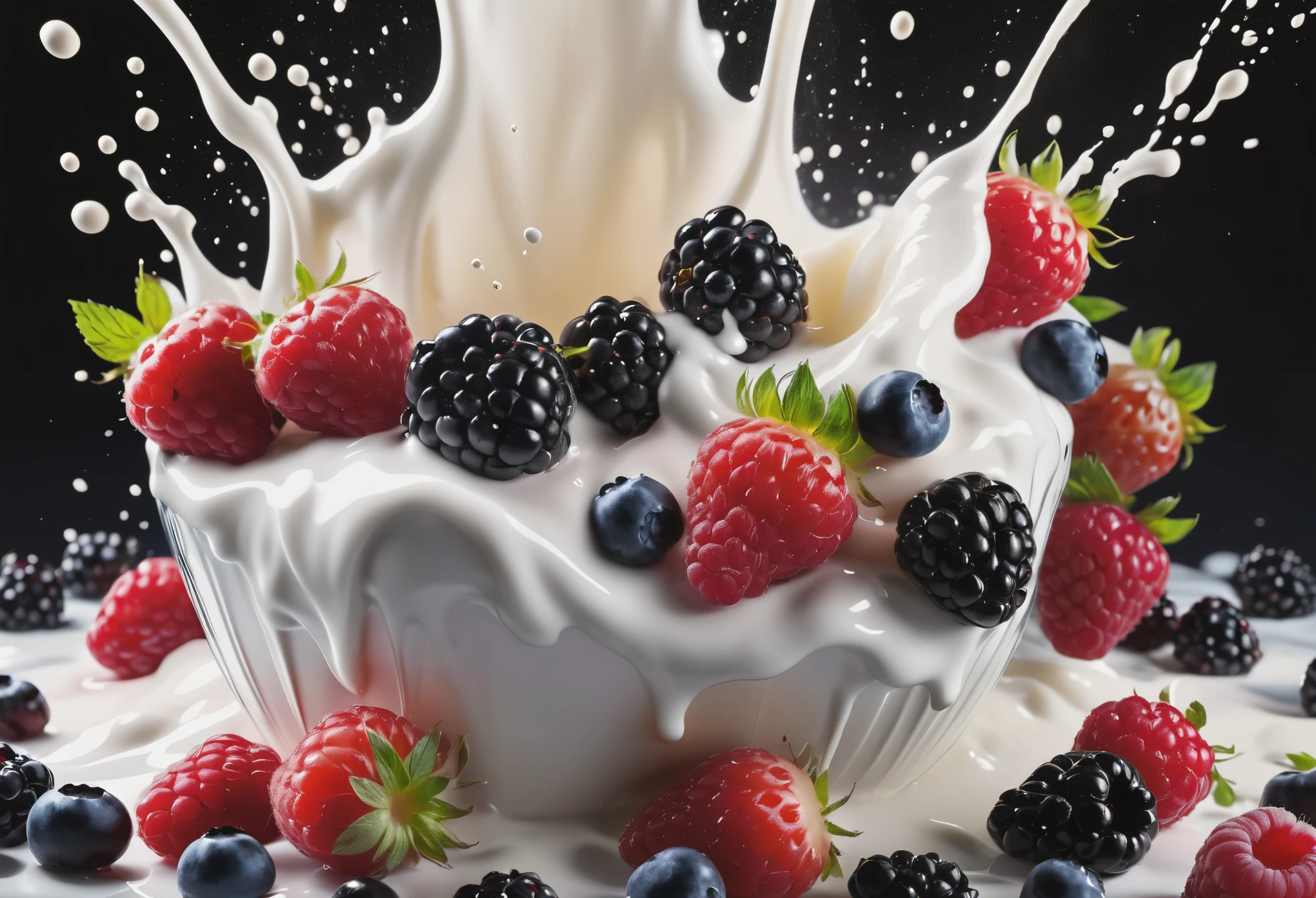 Commercial photography, powerful white milk explosion, huge blackberries raspberries strawberries blueberries cherries in the center of the explosion, white lighting, studio light, 8k octane rendering, high resolution photography, fine detail, insanely detailed, on a black isolated plain, stock photo, professional color correction