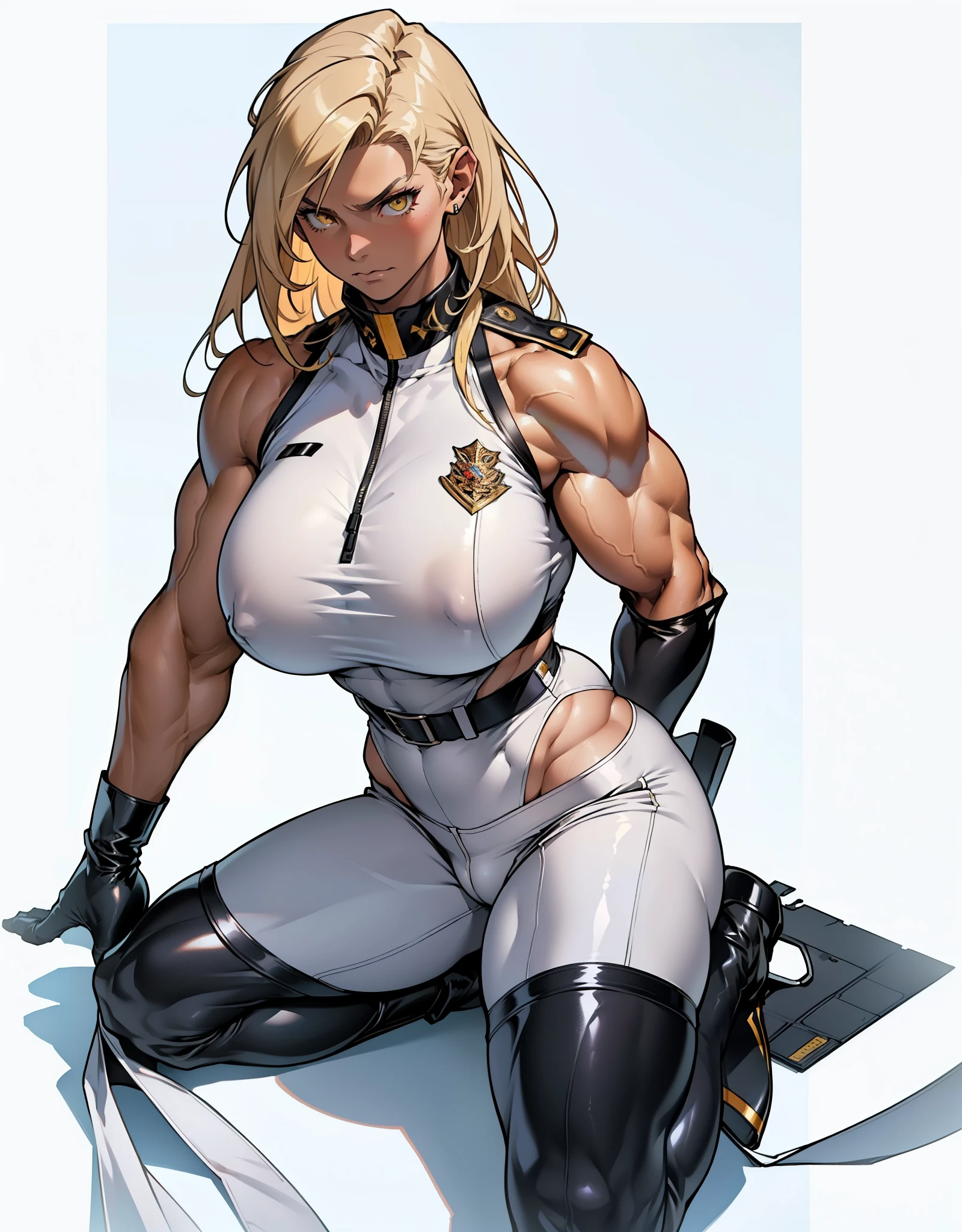 masterpiece, super high quality, beautiful, very detailed,16k, exquisite, High resolution, beautiful背景, beautiful目, beautiful肌, anime style, anger, chiseled muscular female bodybuilder, (((muscular girl, toned body, big muscles, muscular:1.3))), (((6 pack, chiseled abs:1.1))), (((very, huge breasts, big areola))), (((very, huge hips))), long silky blonde hair, yellow eyes white skin cameltoe, (latex, uniform, white military uniform, wearing white uniform, wearing white military pants), background surrounded by crowd, outdoor, sunshine