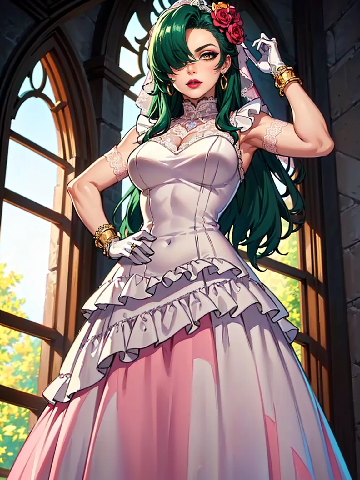 ((1girl, solo ,alone, long hair, green hair, yellow eyes, hair covering one eye, woman, (one hand on her hip, one hand behind her head) , dynamic pose, muscular female, gold bracelets, ruby earrings)), fitness, ((solo, (1woman, pink lipstick), Extremely detailed, ambient soft lighting, 4k, perfect eyes, a perfect face, perfect lighting, a 1girl)), ((solo, (1woman, pink lipstick), Extremely detailed, ambient soft lighting, 4k, perfect eyes, a perfect face, perfect lighting, a 1girl)), holding a gazania bouquet, cowboy shot, looking at viewer, blush, sapphire earrings, earrings, jewelry, church, window, sky, sunlight, complex background, sunset,((red lipstick, hair flower ornament, (lace dress, wedding dress, ruffles:1.2), bride, white gloves, long gloves))