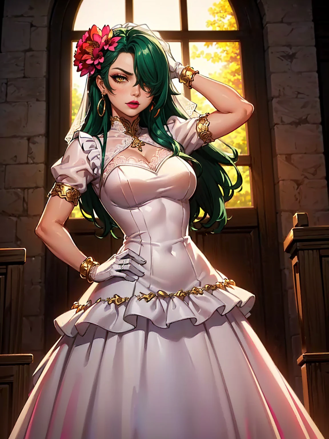 ((1girl, solo ,alone, long hair, green hair, yellow eyes, hair covering one eye, woman, (one hand on her hip, one hand behind her head) , dynamic pose, muscular female, gold bracelets, ruby earrings)), fitness, ((solo, (1woman, pink lipstick), Extremely detailed, ambient soft lighting, 4k, perfect eyes, a perfect face, perfect lighting, a 1girl)), ((solo, (1woman, pink lipstick), Extremely detailed, ambient soft lighting, 4k, perfect eyes, a perfect face, perfect lighting, a 1girl)), holding a gazania bouquet, cowboy shot, looking at viewer, blush, sapphire earrings, earrings, jewelry, church, window, sky, sunlight, complex background, sunset,((red lipstick, hair flower ornament, (lace dress, wedding dress, ruffles:1.2), bride, white gloves, long gloves))