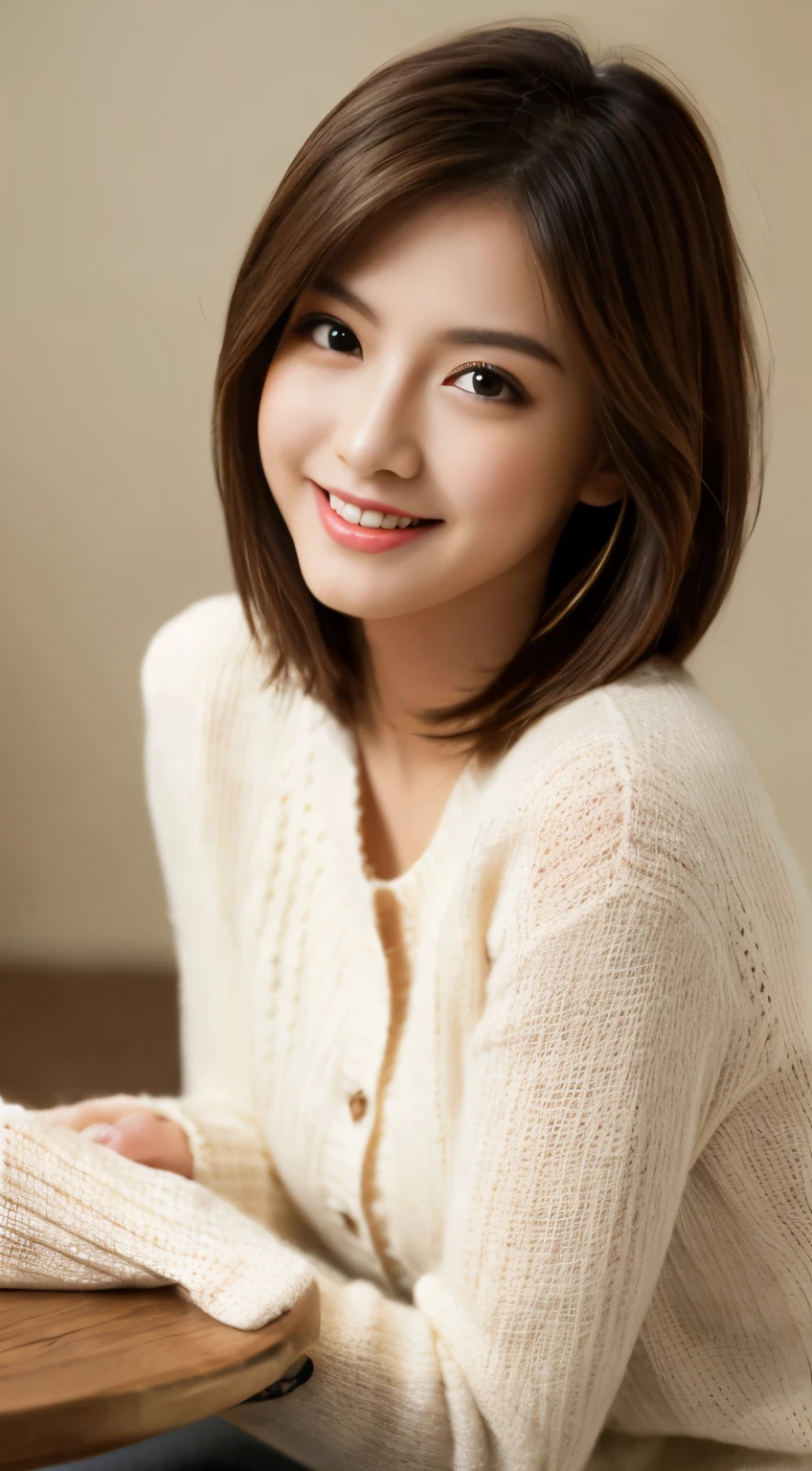 table top, highest quality, figure, Super detailed, finely, High resolution, 8k wallpaper, perfect composition, detailed and beautiful eyes, long sleeve knit,slightly longer bob hair, very small bust, natural color lip, random sexy poses,smile,20 year old girl,small breasts、