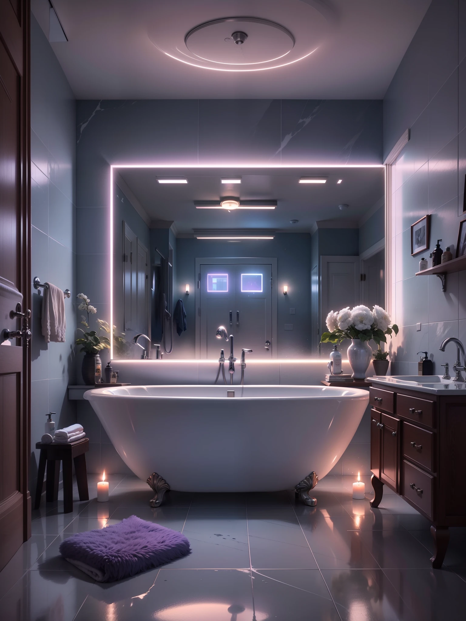The bathtub stands in the center of the room. A fluffy rug lies on the tiled floor. neon purple backlight On the edge of the bathroom are extinguished and lit candles (not many). The bath is filled with water with fluffy foam. Light neon lighting surrounds the mirror. WITHOUT windows. Wide angle lens 50 mm., sharp focus