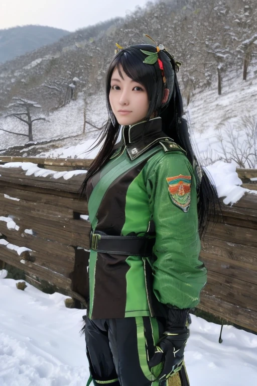 Guan Yinping, air force，Captain，fly,happy, black发, brown eyes, hair accessories, hair flower, Green roof, forest, Half body, black, 上Half body，river，snow，snow falling，Fly a fighter jet，pretty face，cute