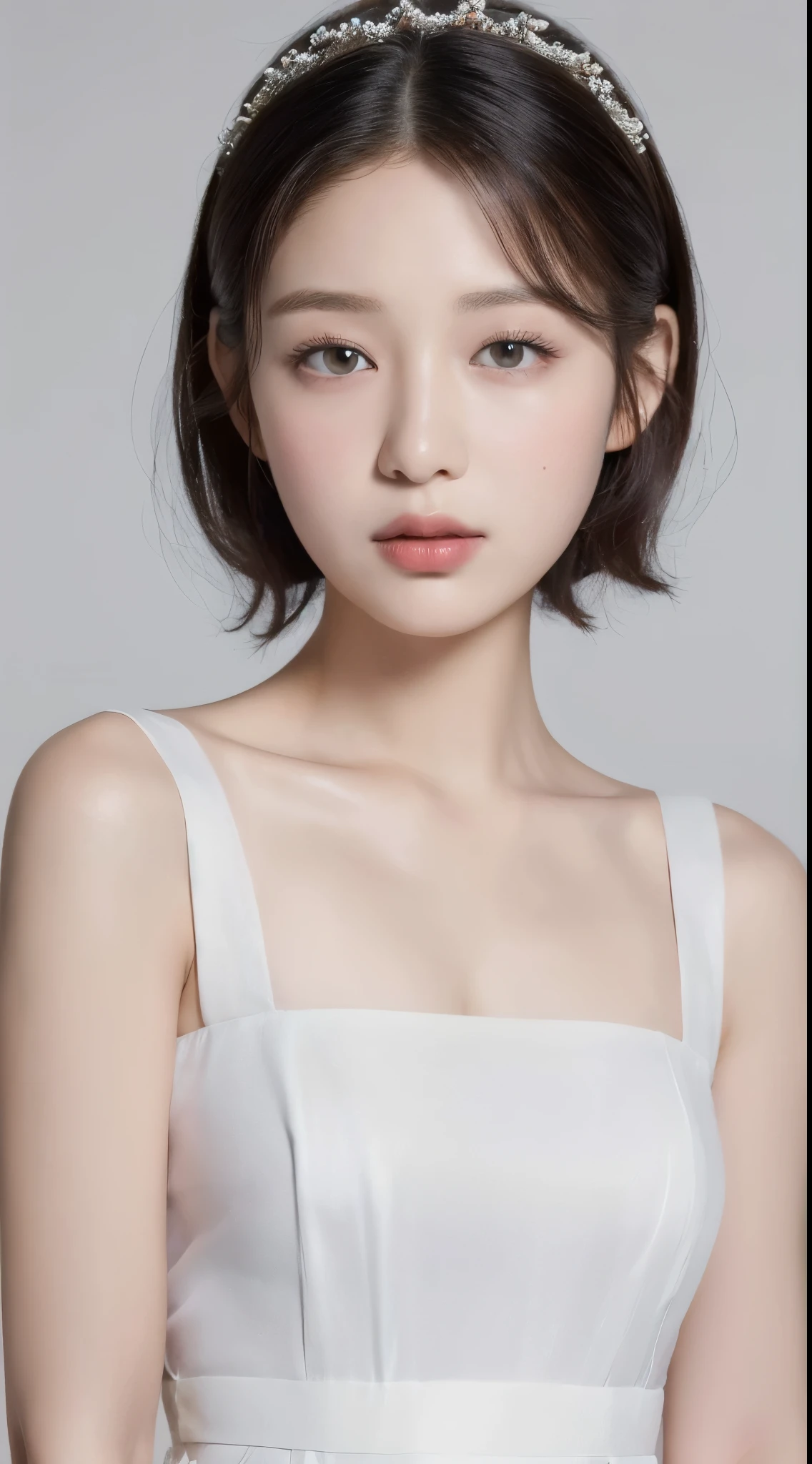 ((highest quality, 8k, masterpiece: 1.3)), sharp: 1.2, (Maid clothes:1.2), ((bob hair: 1.2)), (white background: 1.2), Highly detailed face and skin texture, fine eyes, double eyelid, Frontal face looking at the camera, 13 years old, cheek, baby face, lipstick, korean actress,