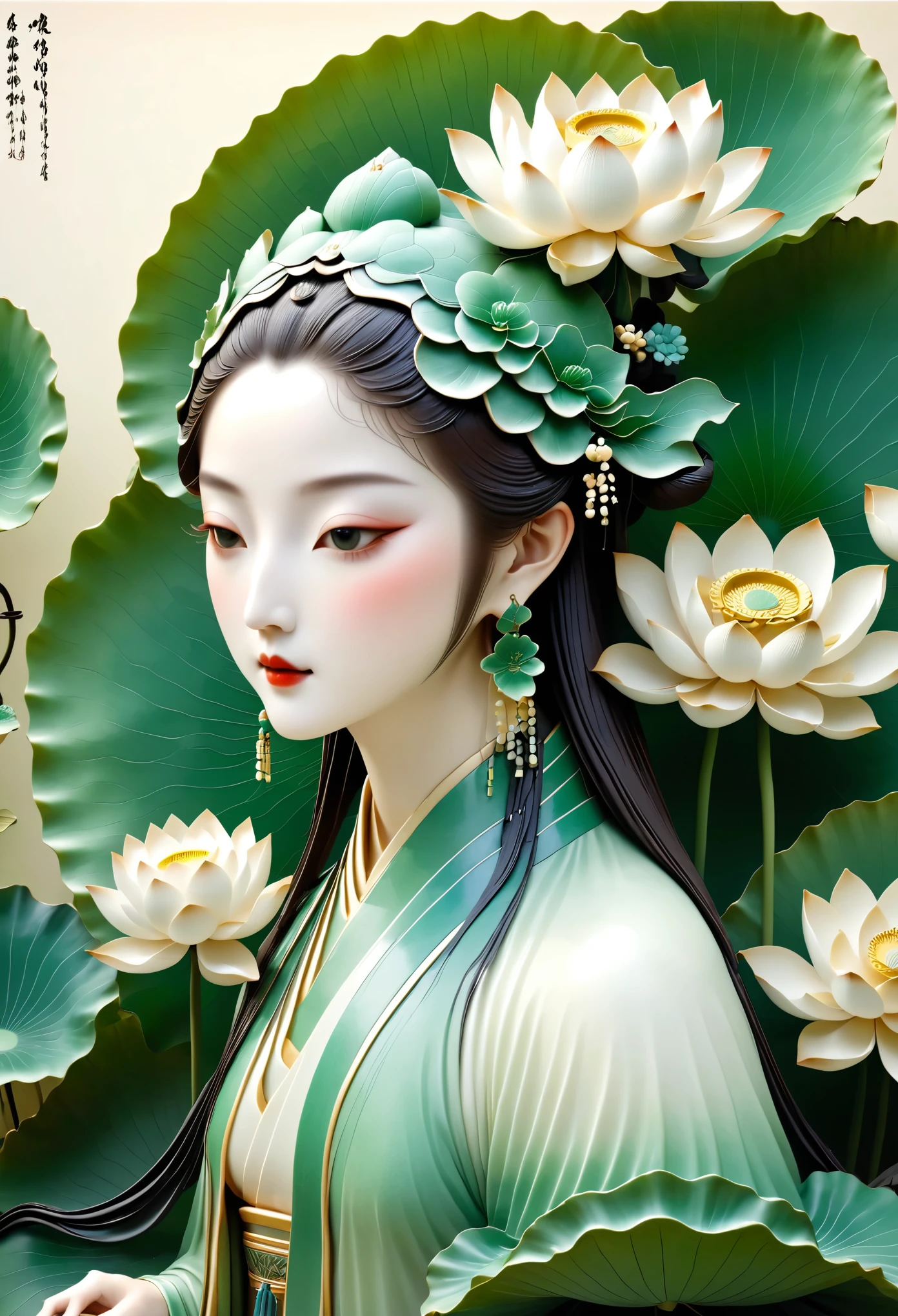 （Statue of woman holding lotus leaf），（White statue 1.2），（Green lotus leaves：1.2），author：Russell Dongjun Lu, james jenn and wop, （Porcelain sculpture）, Pop Japaneseism 3D Super Detailed, highly detailed sculpture, Inspired by Fei Danxu, （jade sculpture）,