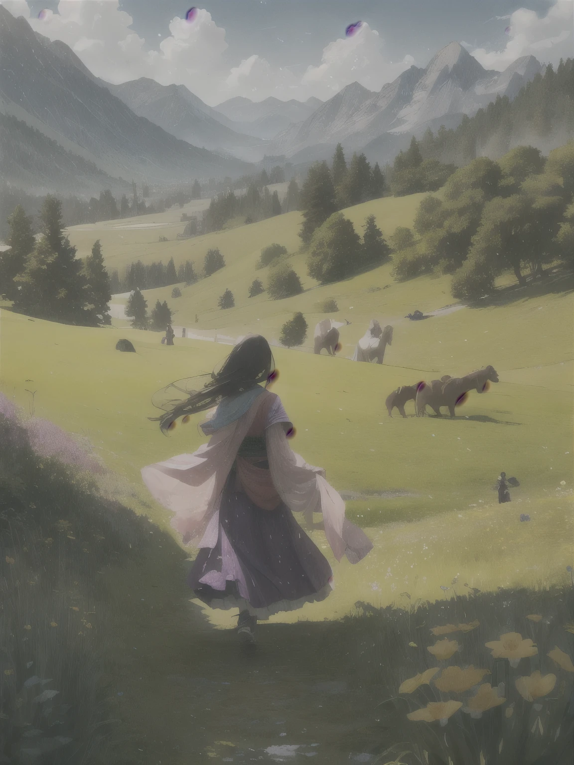 In a green meadow stands a boy leading a group of knights.
BREAK
With a brave expression, she guides them towards their destination.
BREAK
Behind her, a holi stretches out and beyond that, mountains rise in the distance.
BREAK
The most suitable effect for this scene would be a watercolor painting technique to capture the softness of the meadow and the fluidity of the movement.