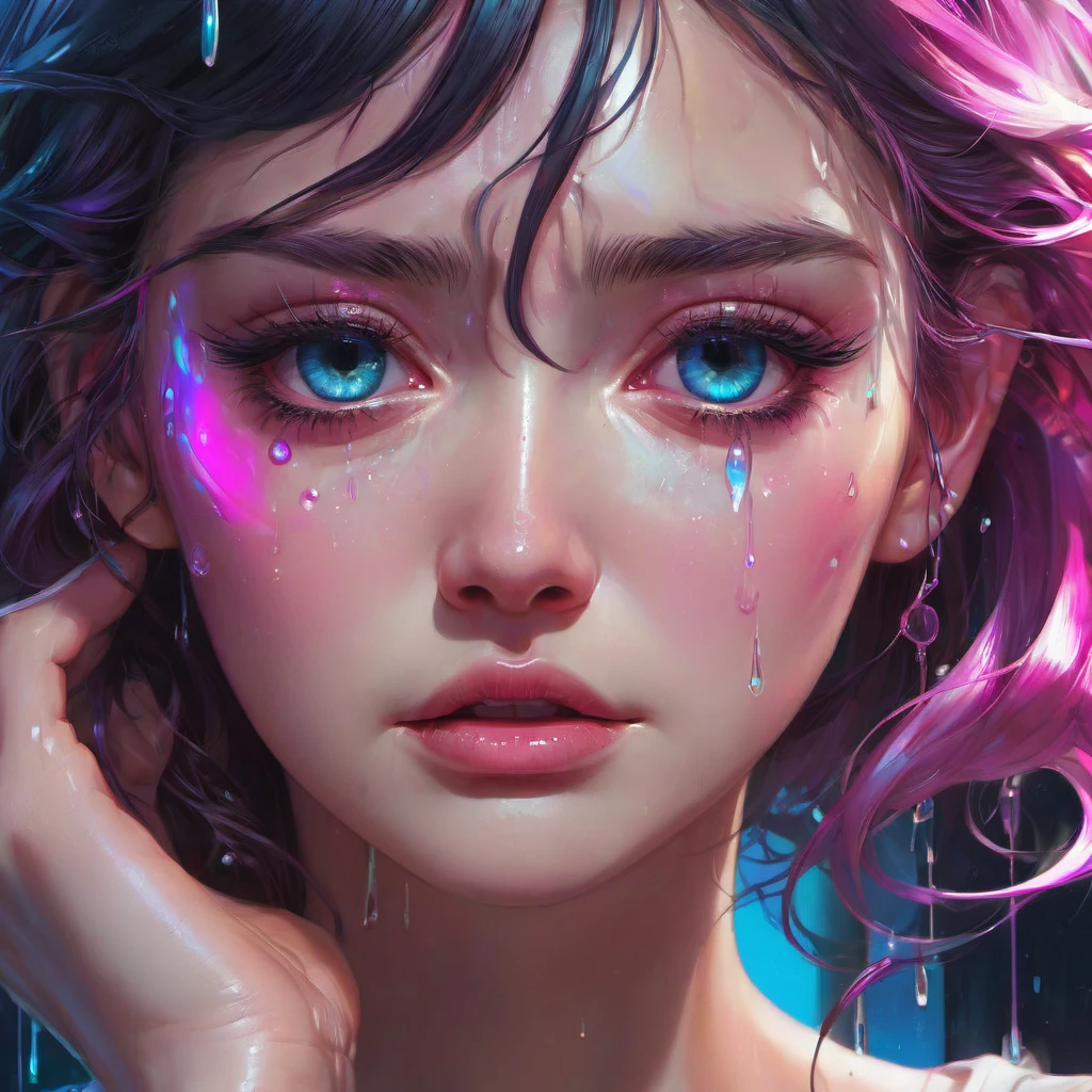 crying, aesthetic, extremely detailed, Crying eyes, sweet, vaporwave aesthetic, synthwave, digital painting, artstation, concept art, smooth, sharp focus, illustration, art by artgerm and greg rutkowski and alphonse mucha