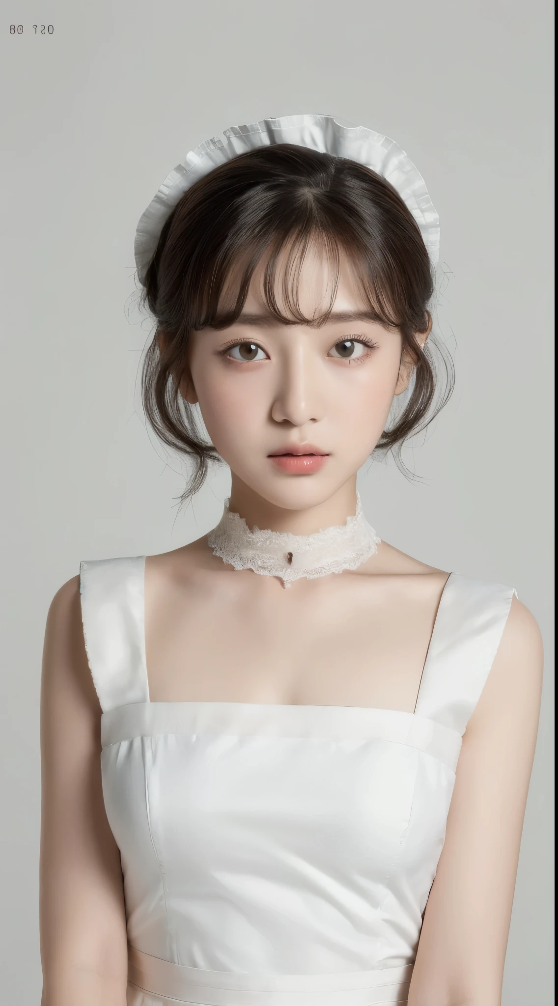 ((highest quality, 8k, masterpiece: 1.3)), sharp: 1.2, (Maid clothes:1.2), ((bob hair: 1.2)), (white background: 1.2), Highly detailed face and skin texture, fine eyes, double eyelid, Frontal face looking at the camera, , cheek, baby face, lkorean actress, single eyelid,long slit eyes