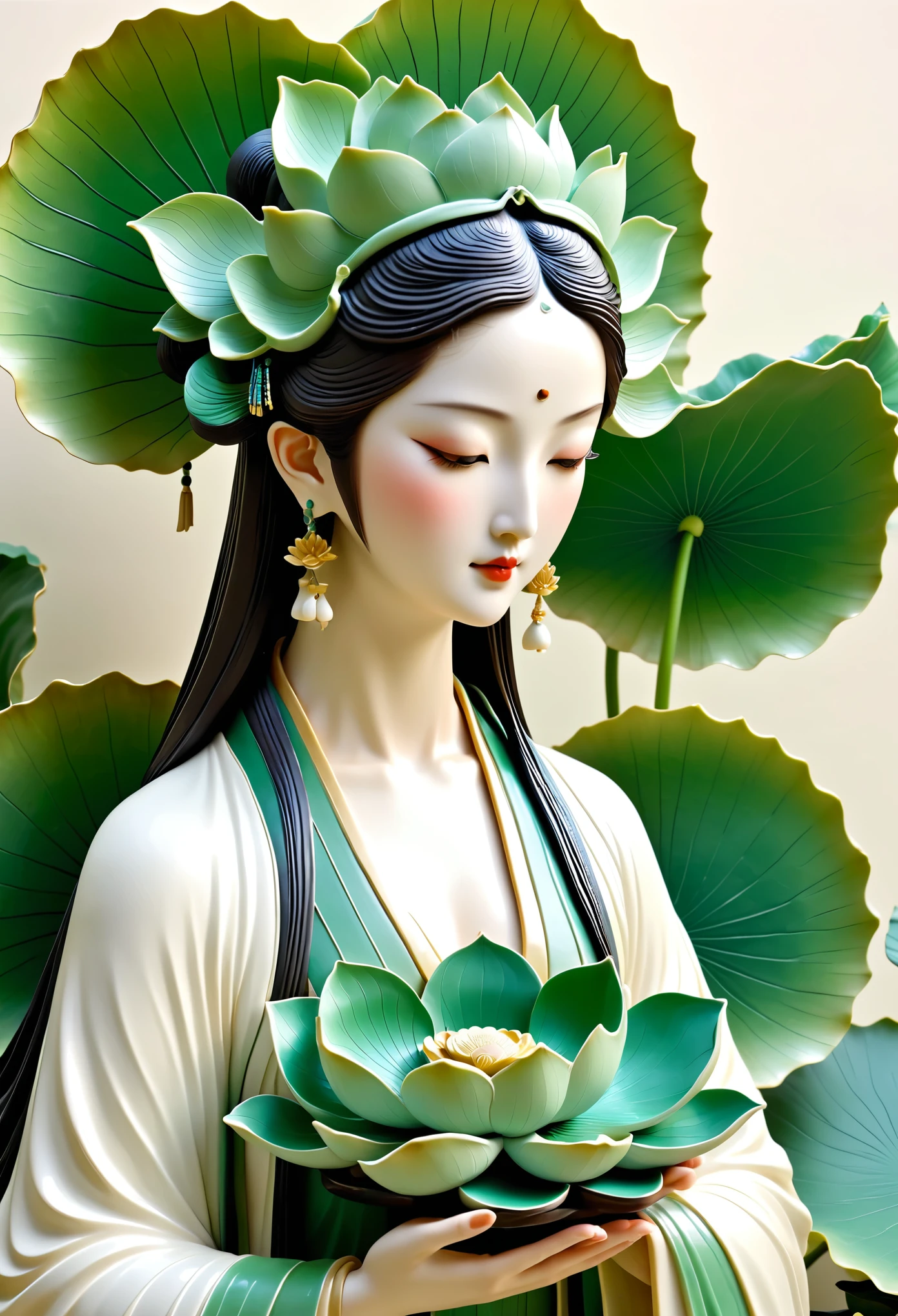 （Statue of woman holding lotus leaf），（White statue 1.2），（Green lotus leaves：1.2），author：Russell Dongjun Lu, james jenn and wop, （Porcelain sculpture）, Pop Japaneseism 3D Super Detailed, highly detailed sculpture, Inspired by Fei Danxu, （jade sculpture）,